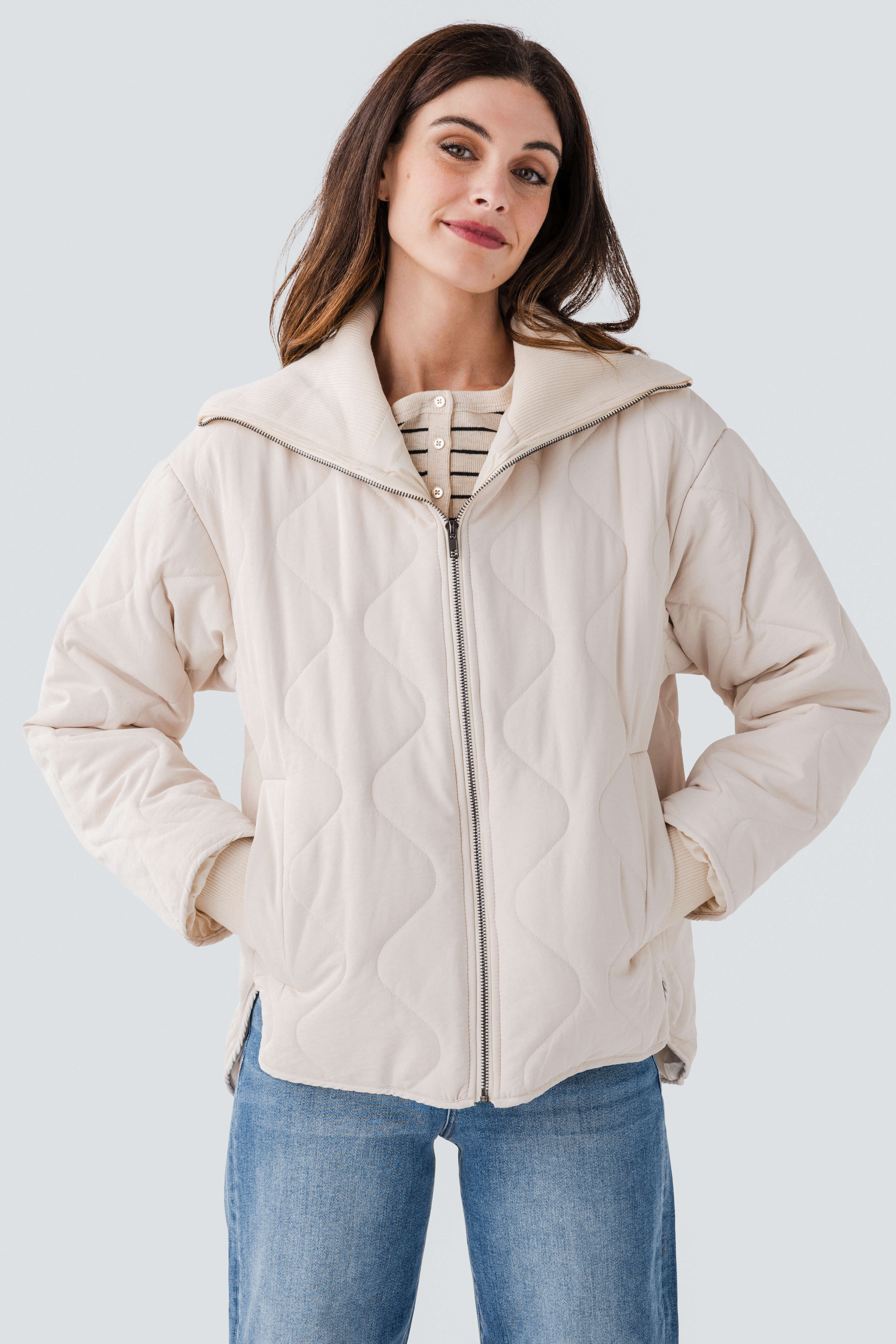 Hem & Thread Quilted Jacket w/ Rib Collar & Cuff