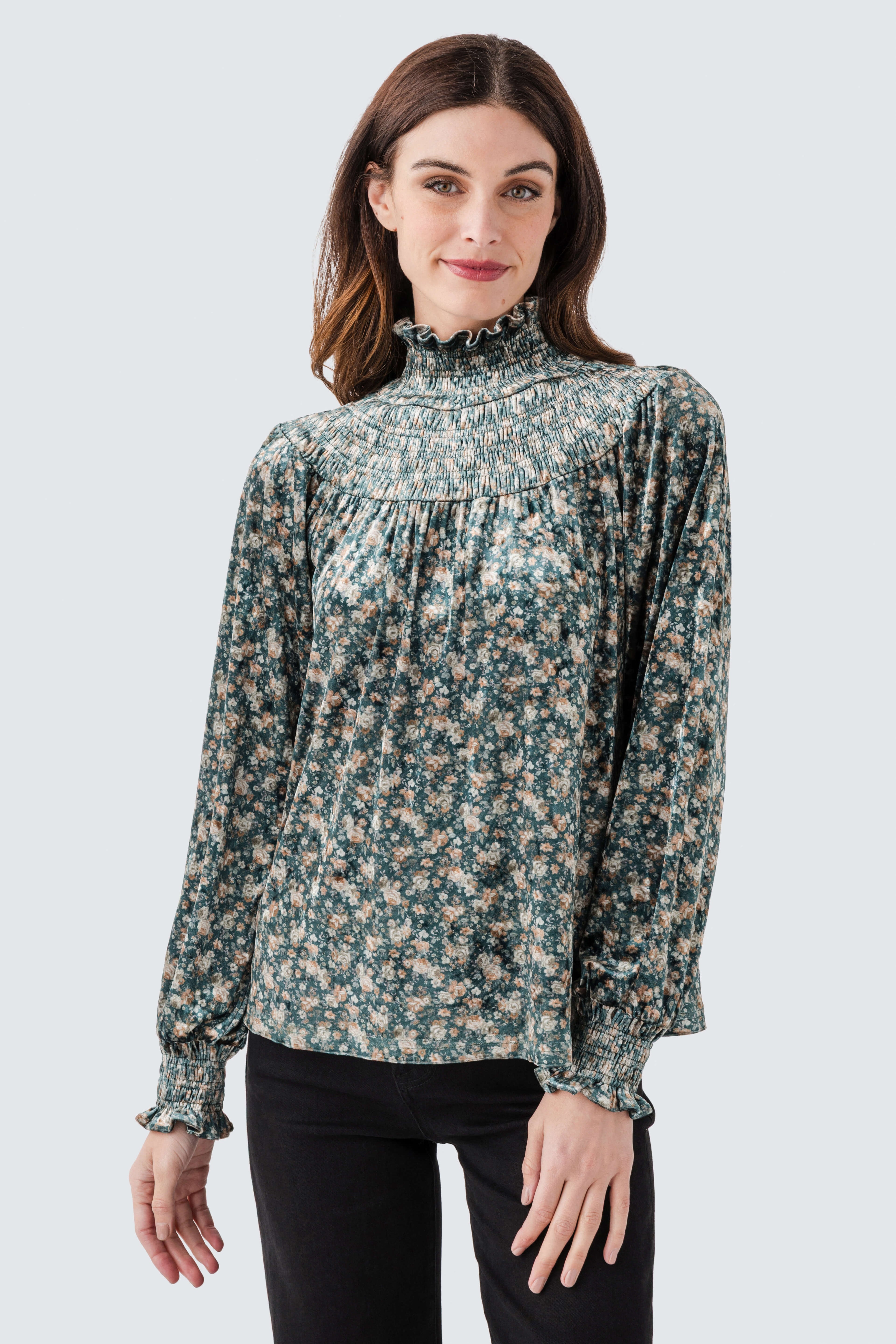 Fate Floral Smocked Velvet Top