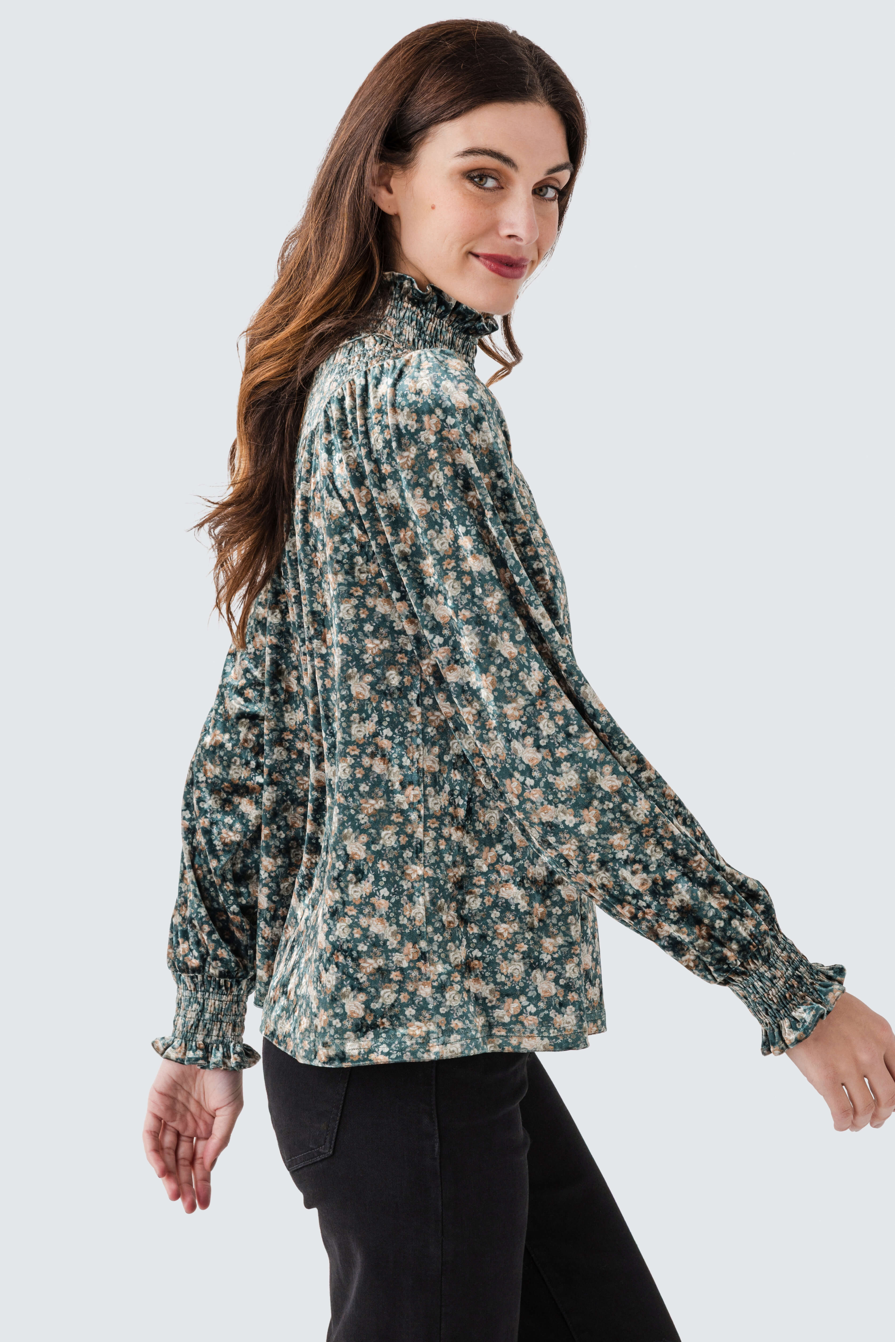 Fate Floral Smocked Velvet Top