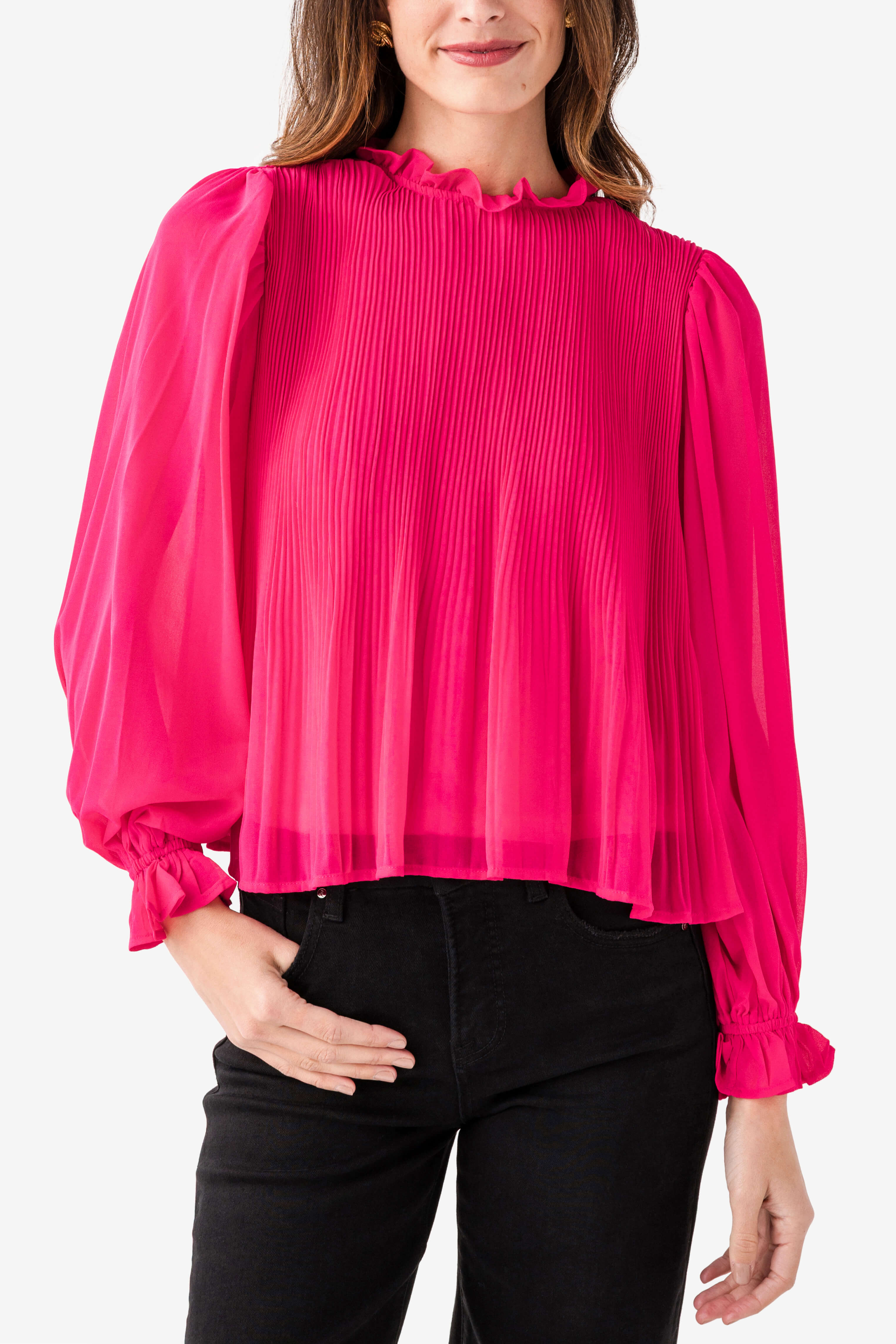 &Merci Pleated High Ruffle Neck Top