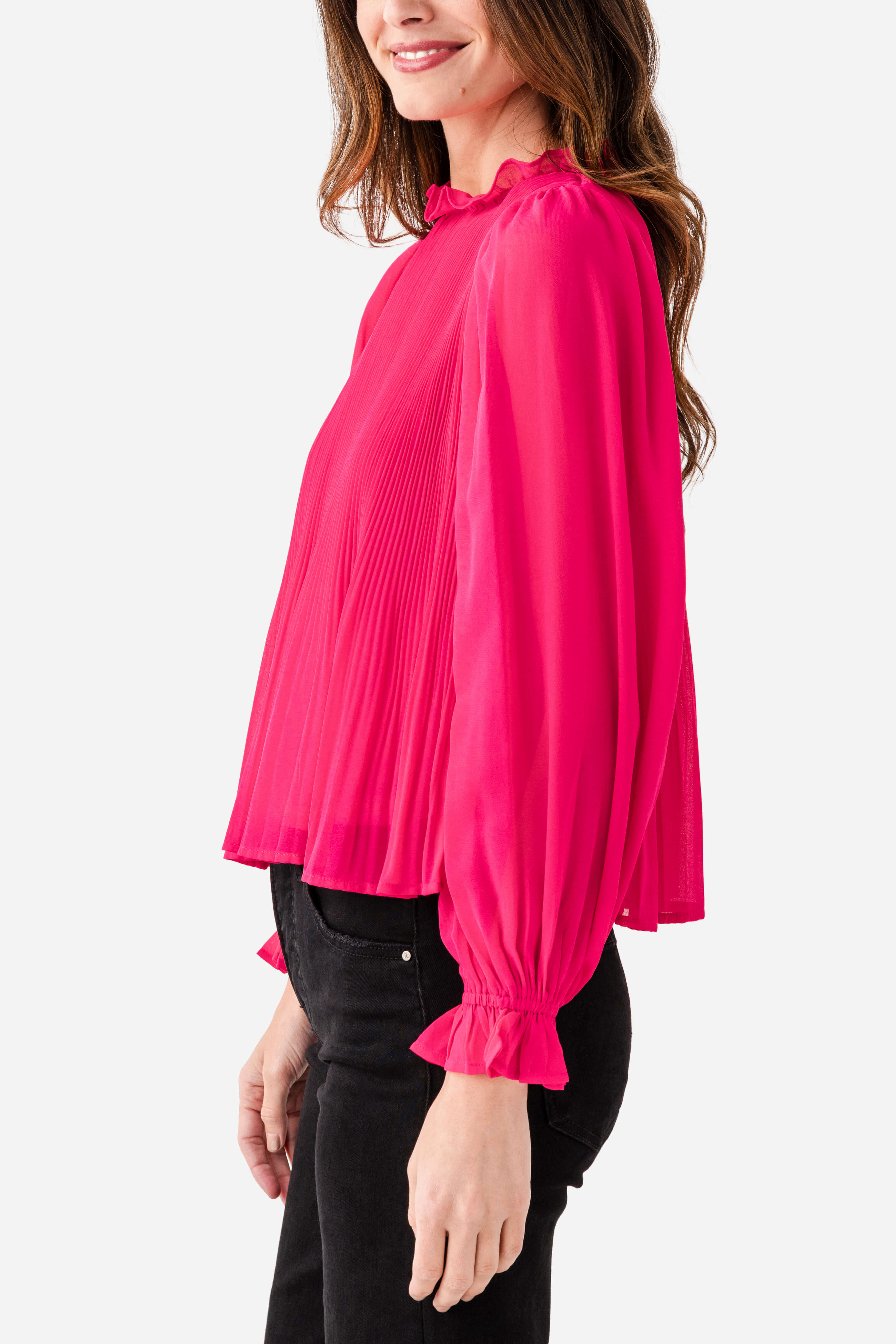 &Merci Pleated High Ruffle Neck Top