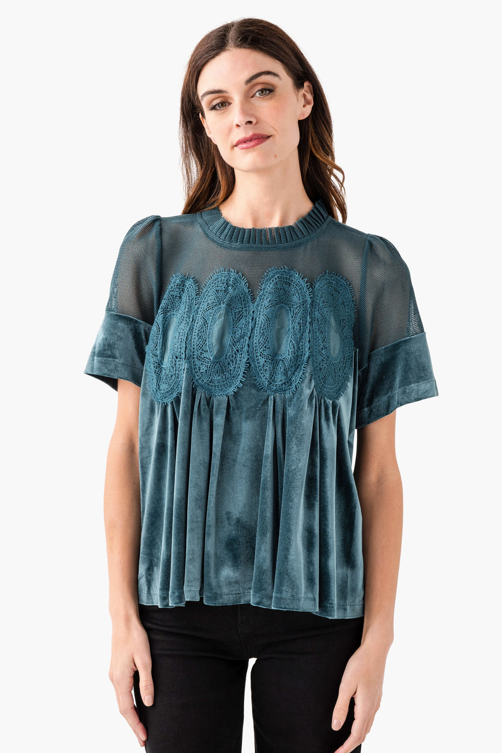 Fate Lace Detail Velvet Babydoll Top
