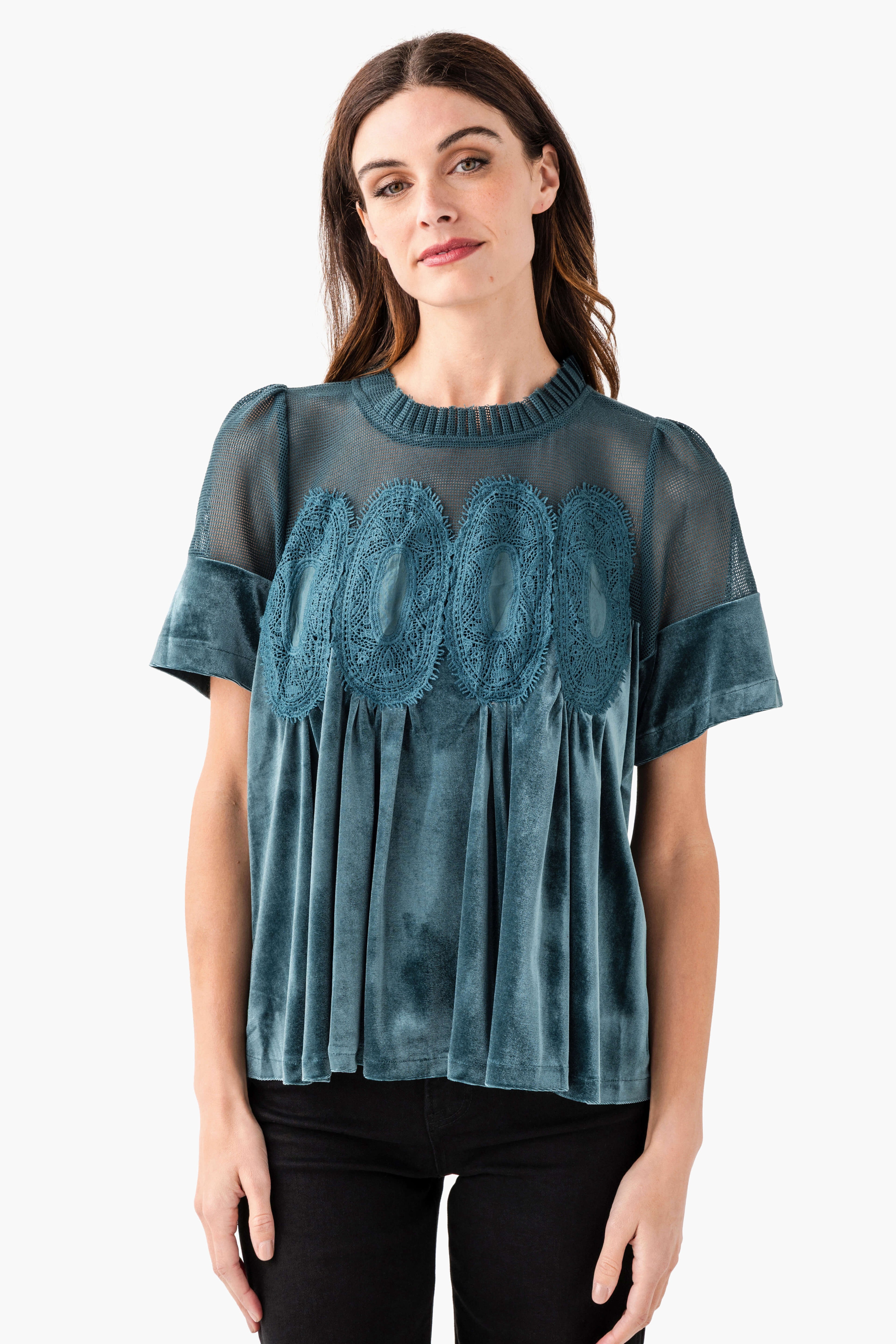Fate Lace Detail Velvet Babydoll Top
