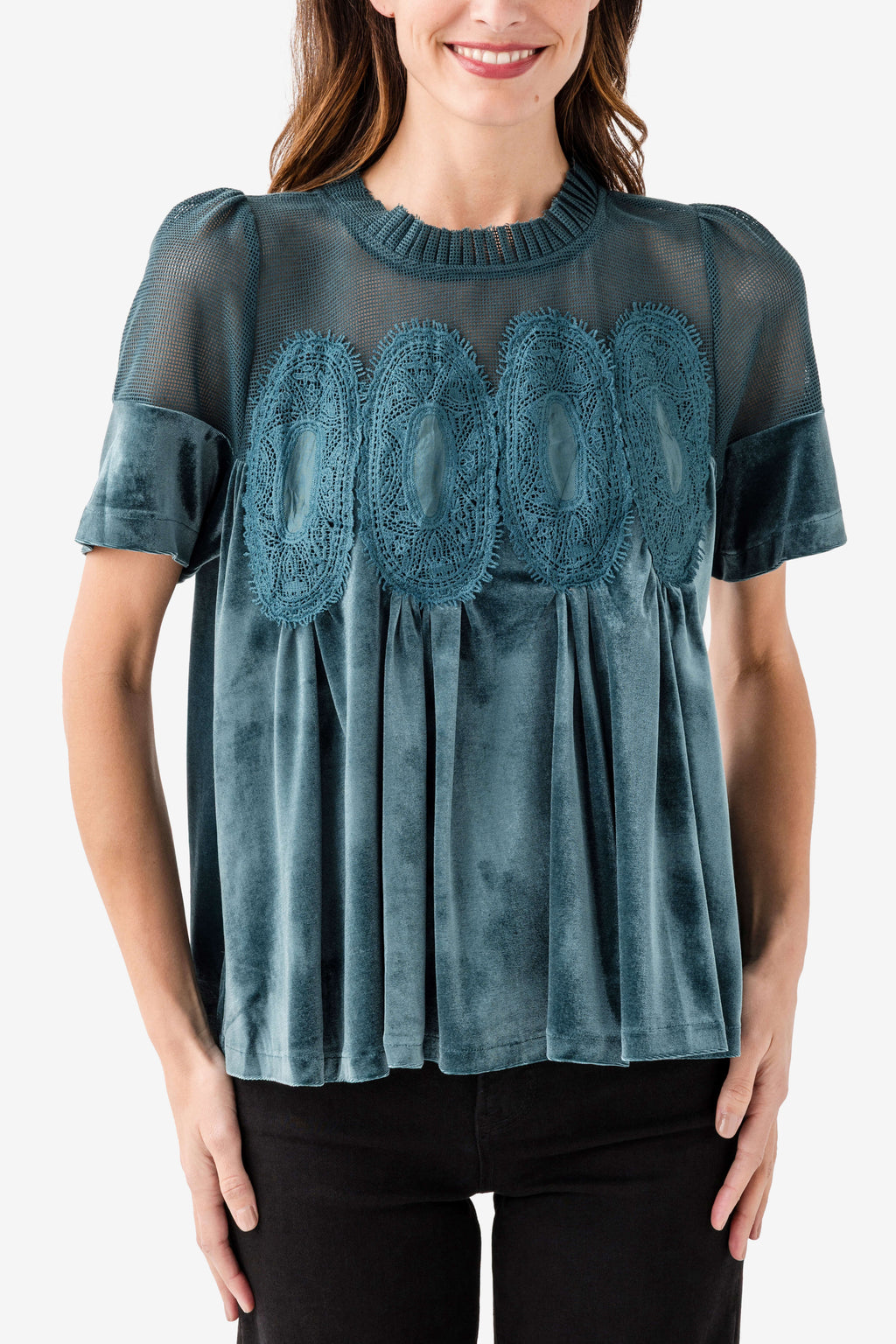 Fate Lace Detail Velvet Babydoll Top