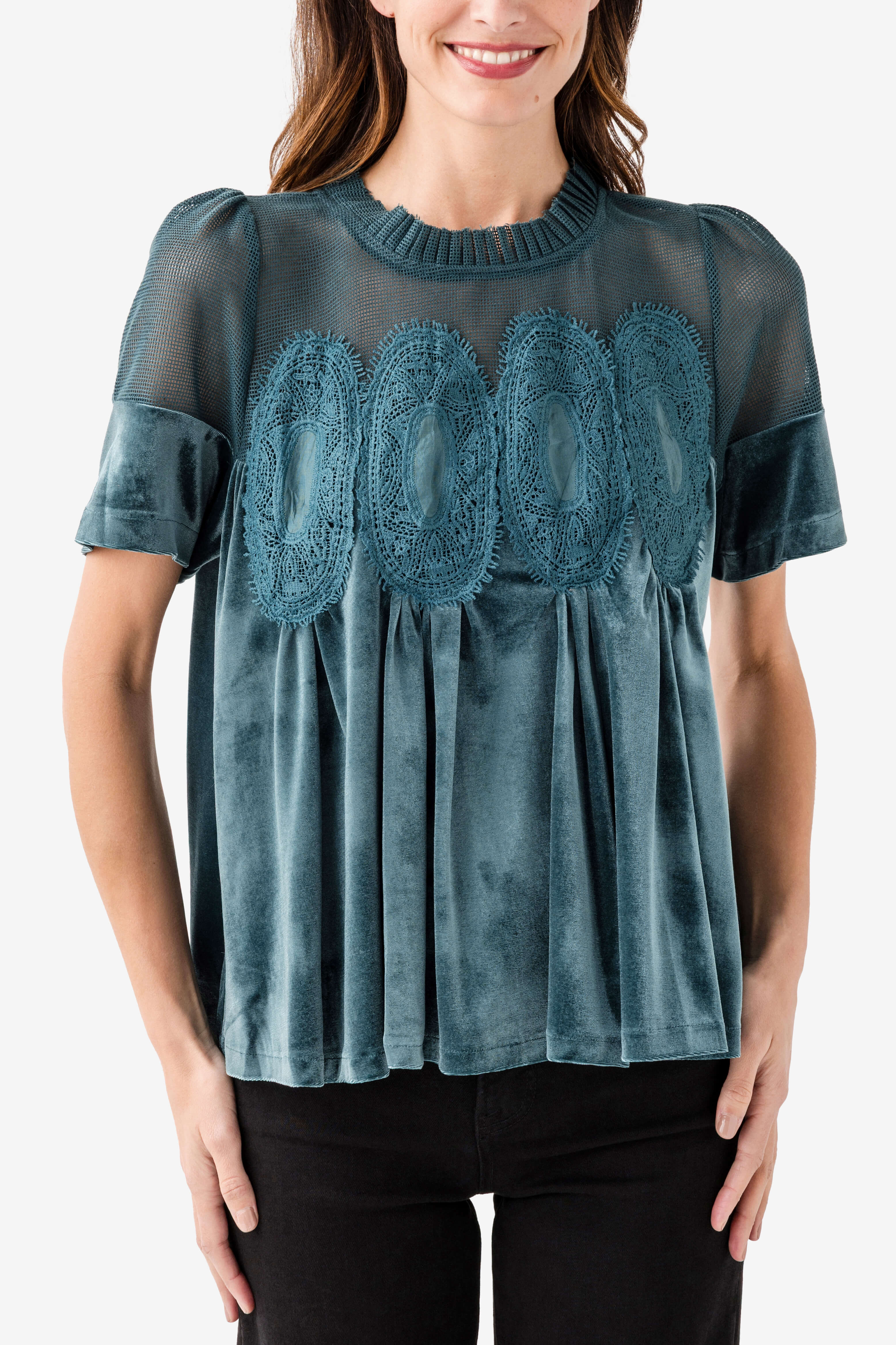 Fate Lace Detail Velvet Babydoll Top