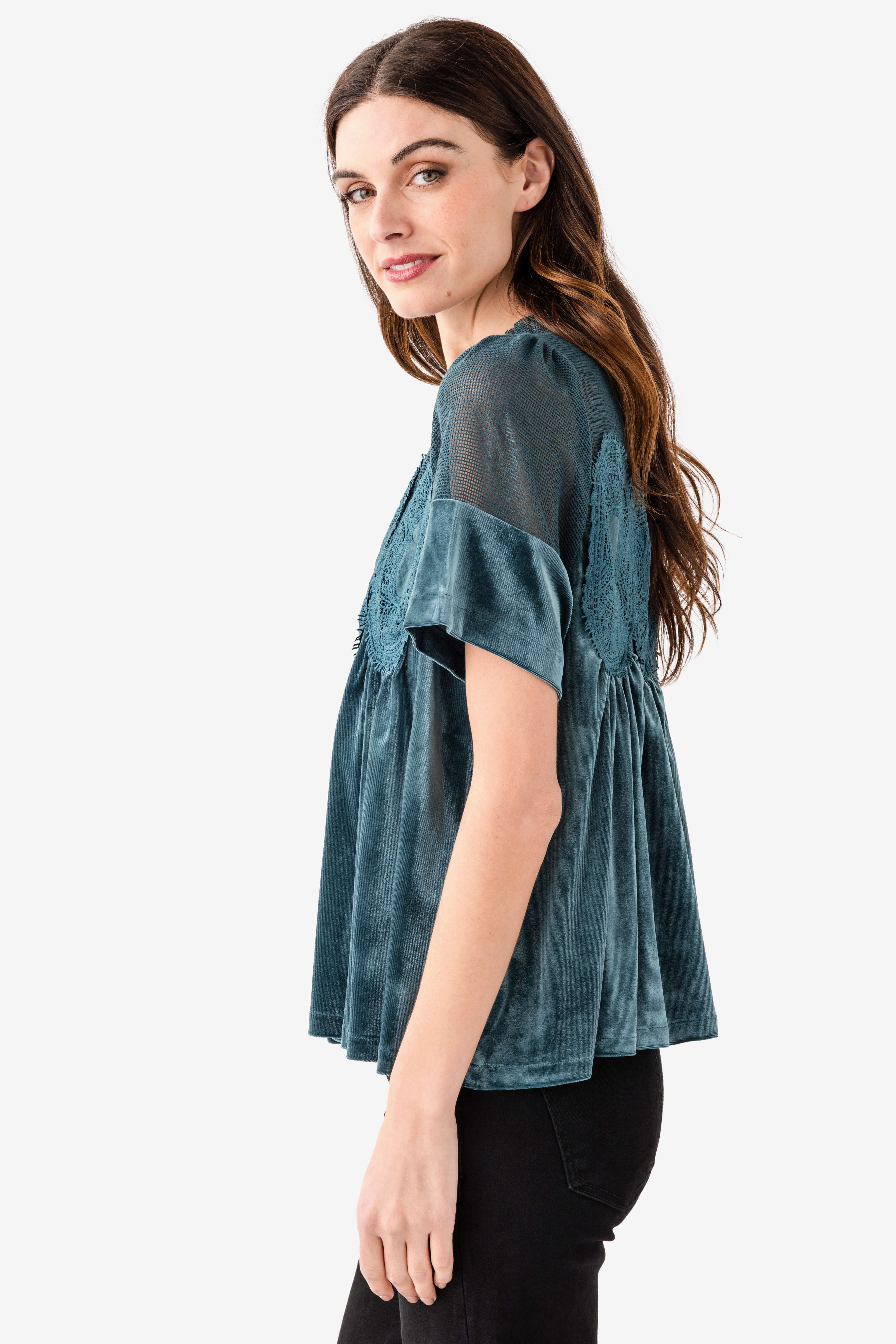 Fate Lace Detail Velvet Babydoll Top