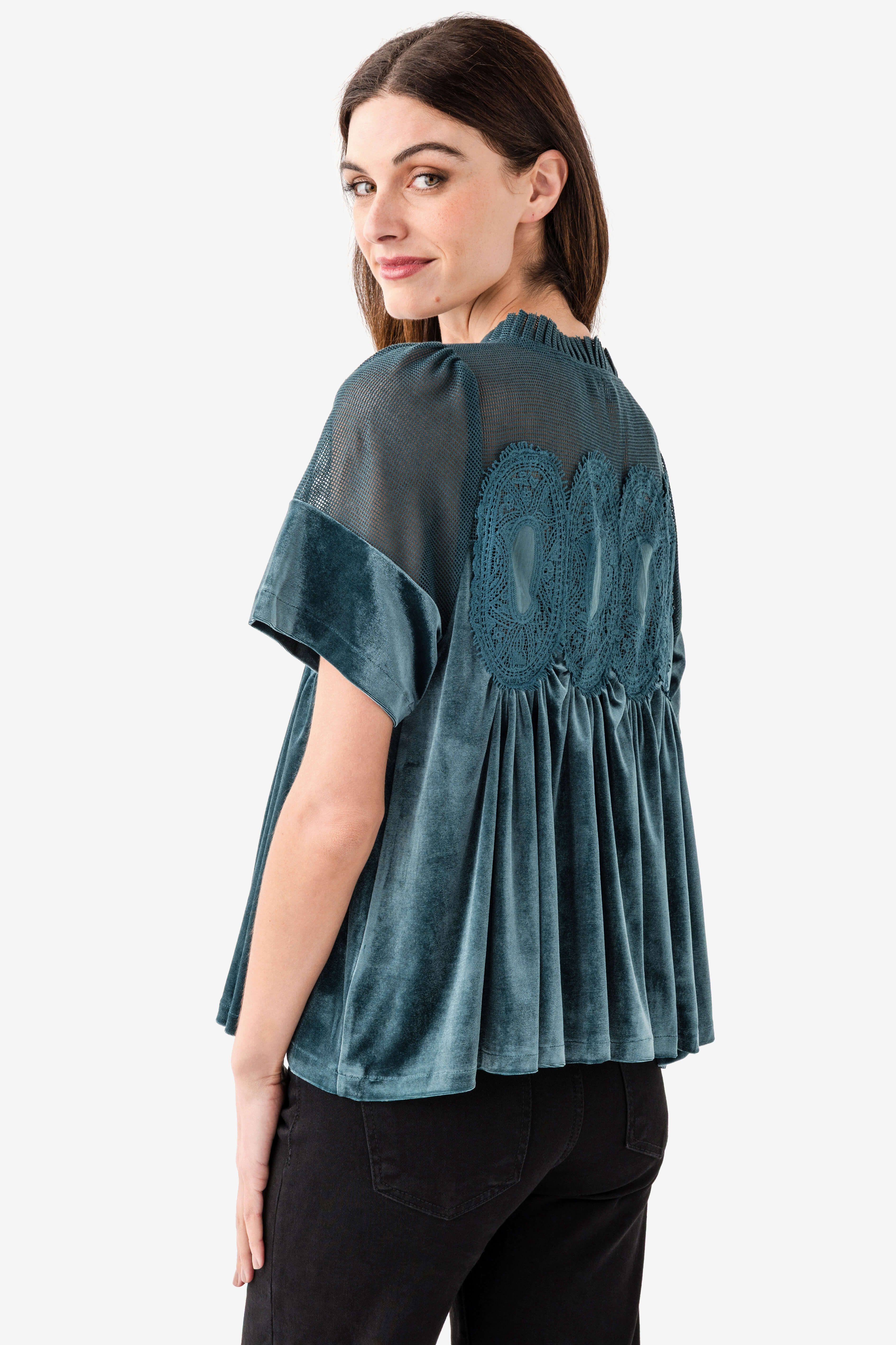 Fate Lace Detail Velvet Babydoll Top