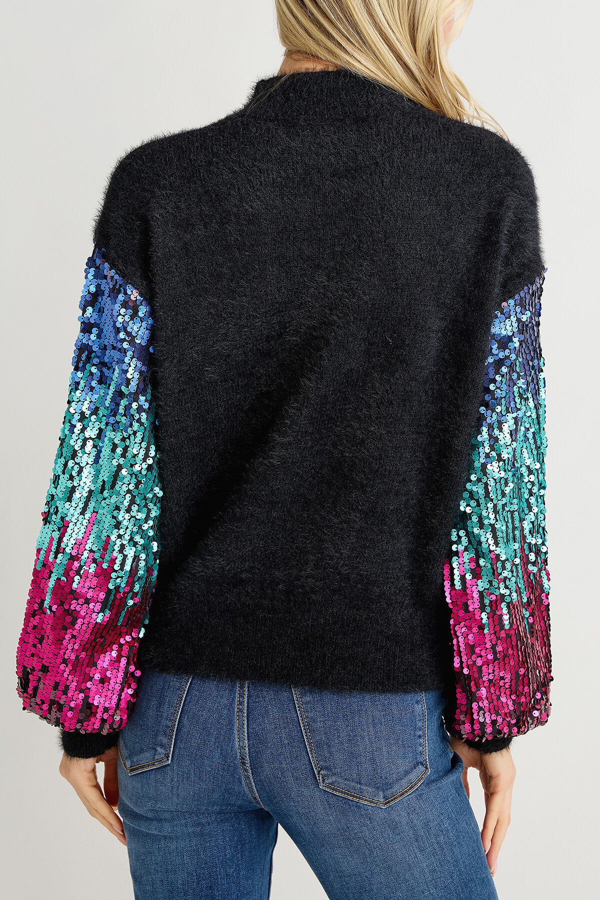 Listicle Sequin Sleeve Fuzzy Knit Pullover Sweater