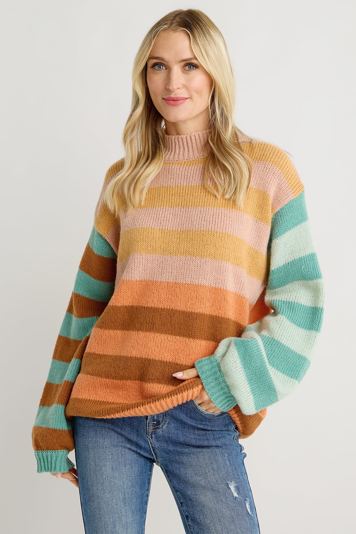 Listicle Striped Color Block Mock Neck Loose Fit Sweater