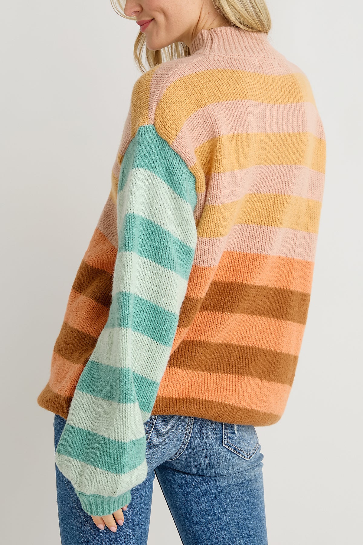Listicle Striped Color Block Mock Neck Loose Fit Sweater