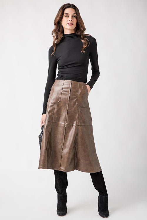 Black mock-neck long-sleeve fitted top, front view