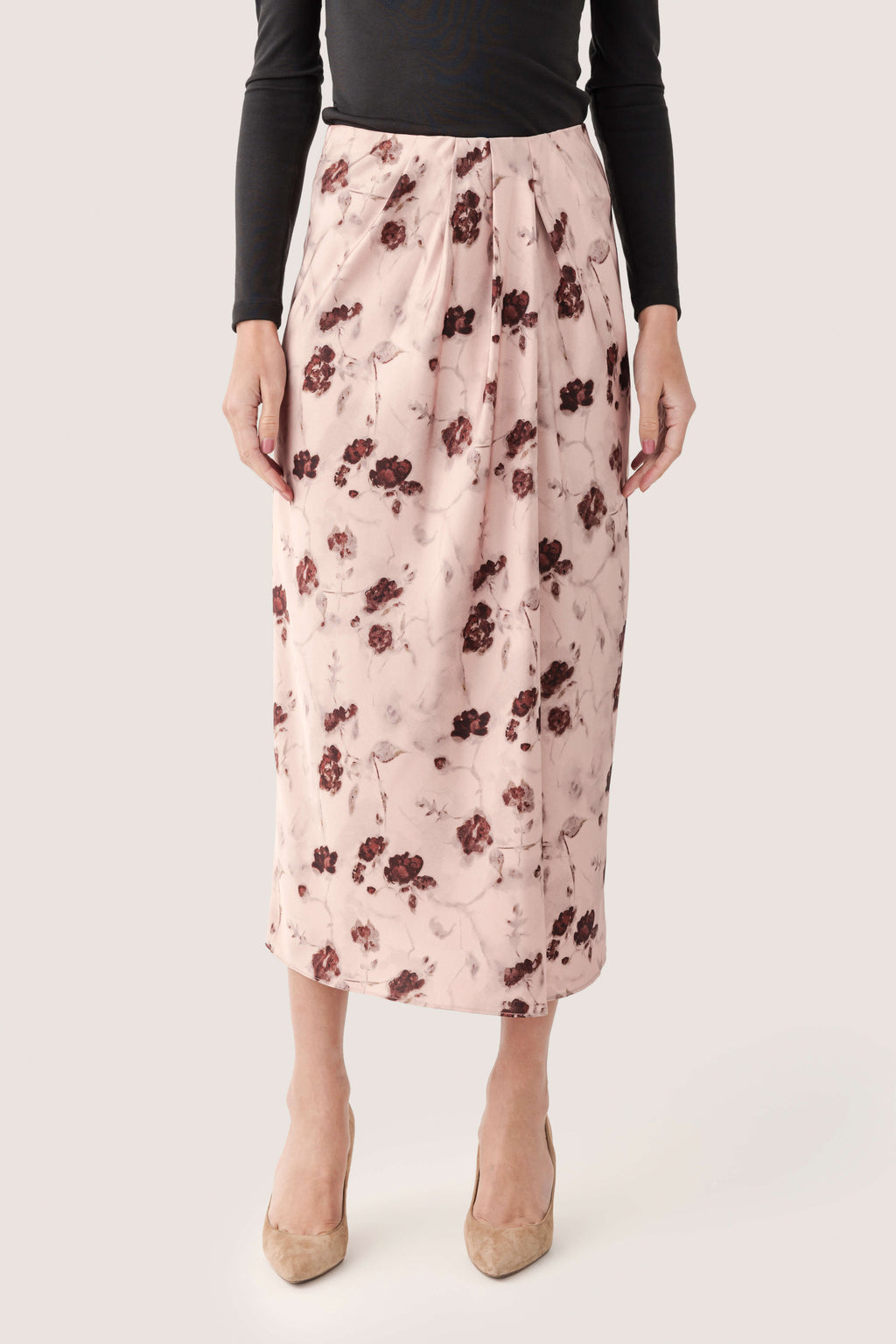Seraphine Row Printed Satin Front Pleated Skirt