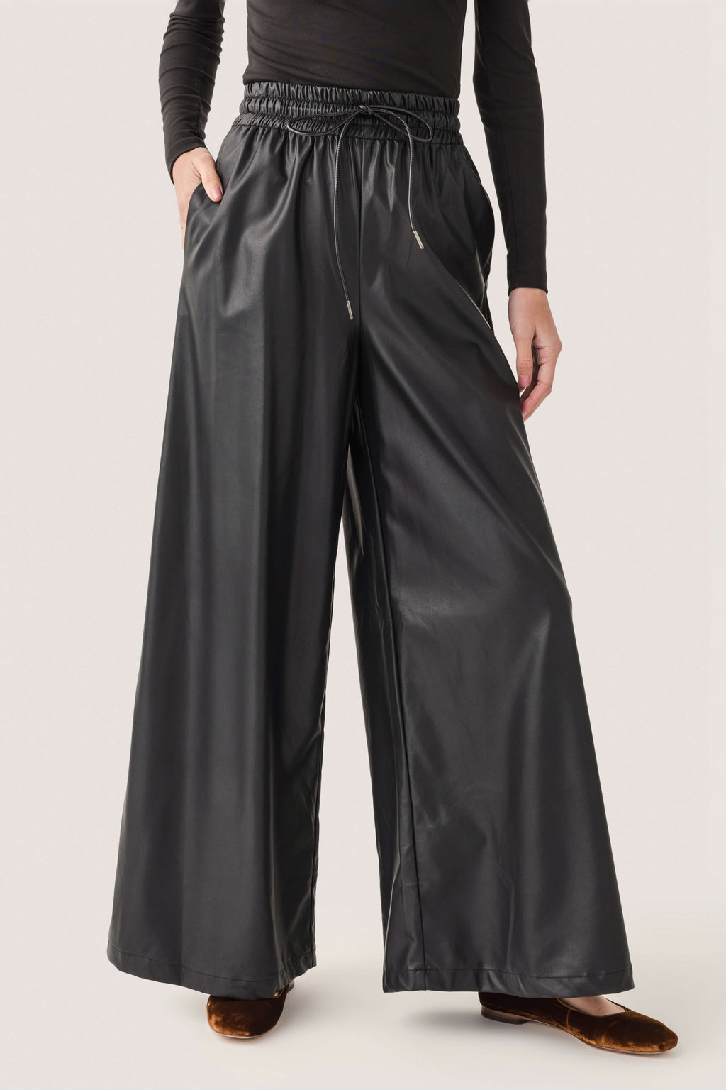 Olivaceous Faux Leather Wide Leg Pants
