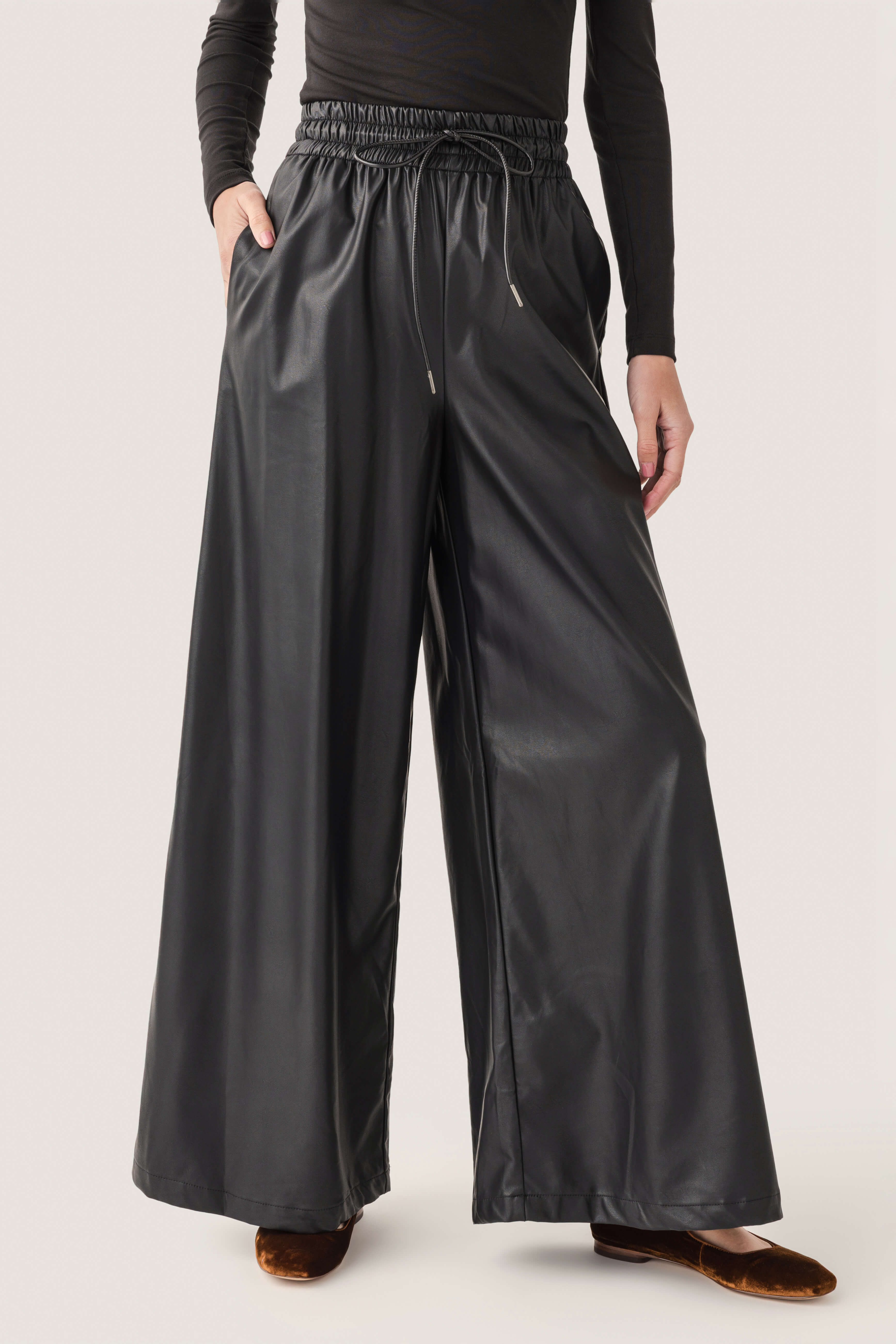 Olivaceous Faux Leather Wide Leg Pants