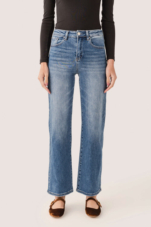 Medium-wash high-rise relaxed straight-leg jeans with button fly and back patch pockets.