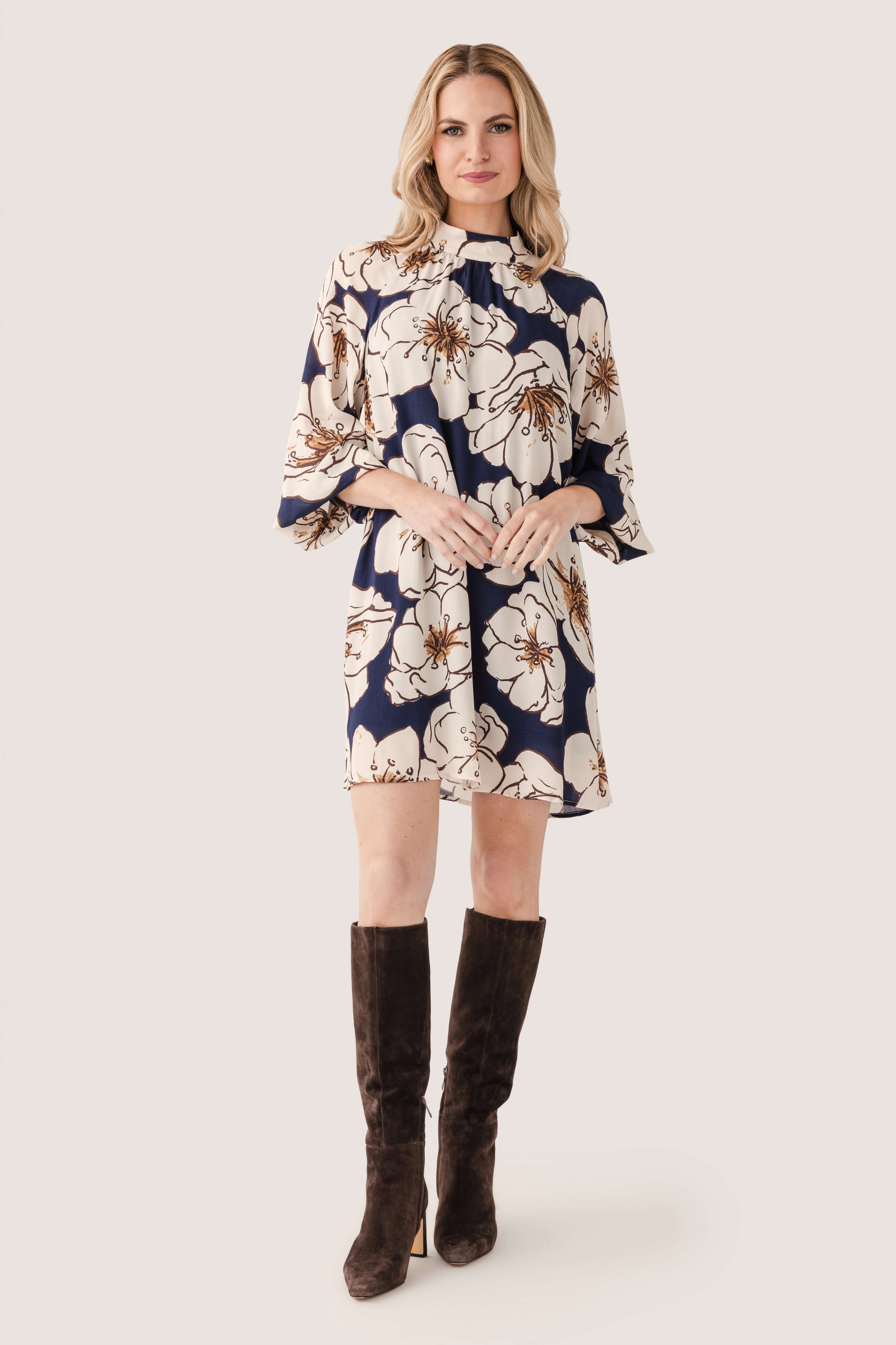 En Creme Floral High Neck Mini Dress