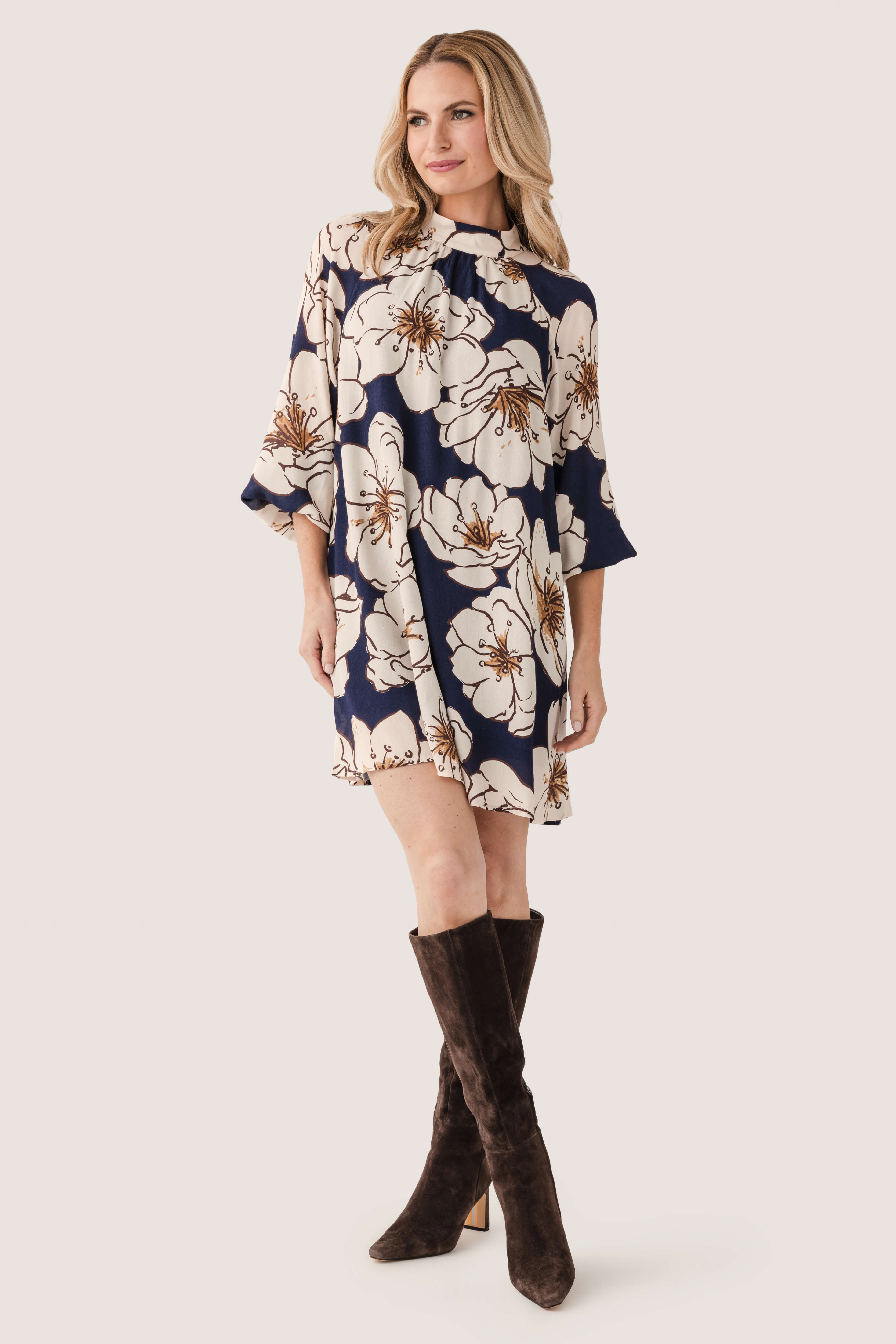 En Creme Floral High Neck Mini Dress