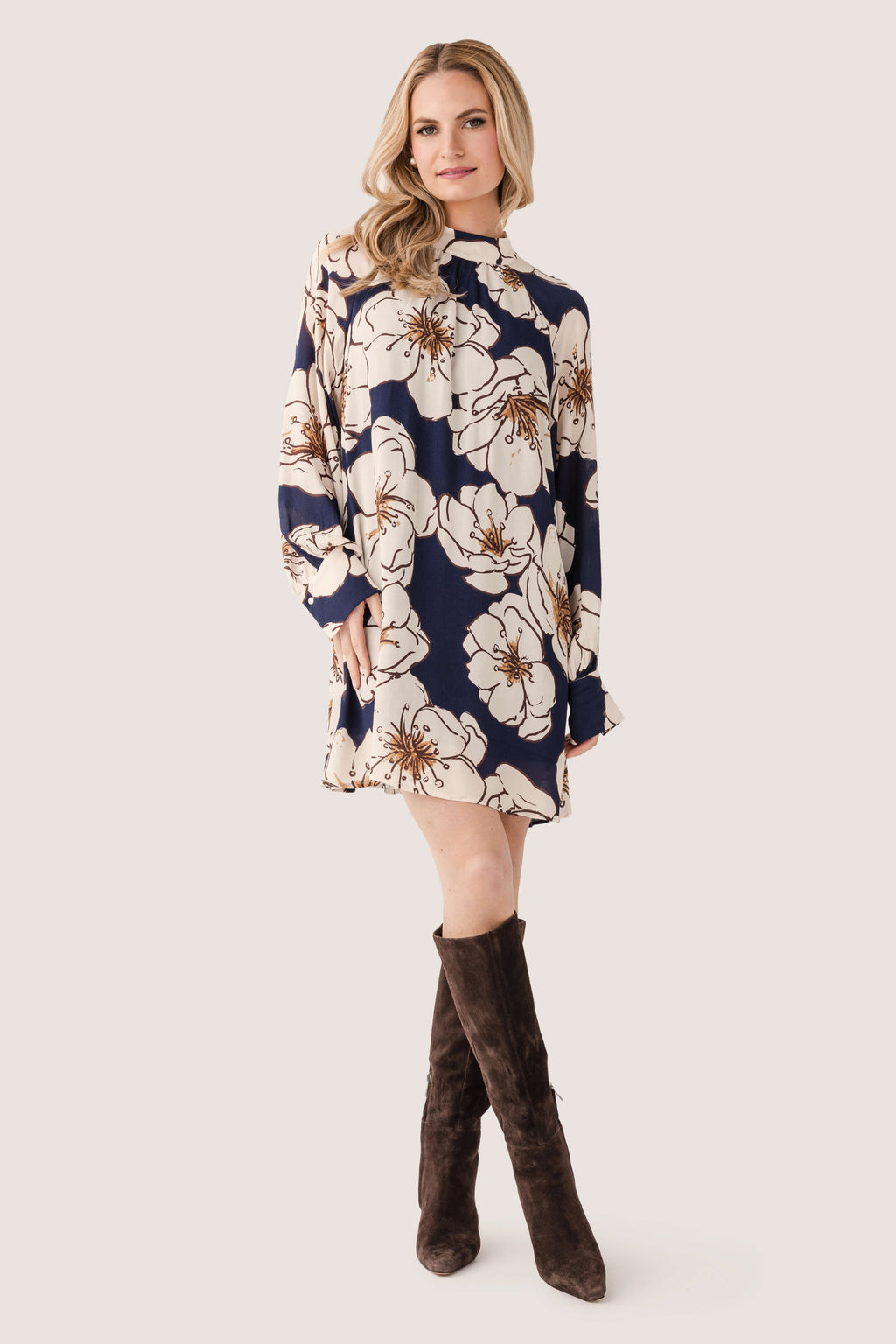 En Creme Floral High Neck Mini Dress