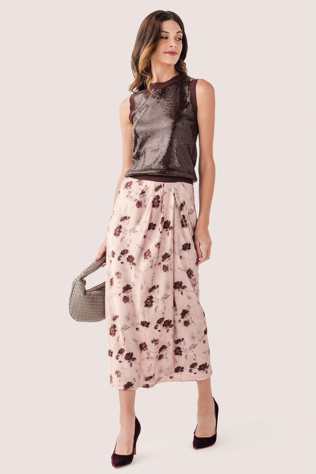 Seraphine Row Printed Satin Front Pleated Skirt