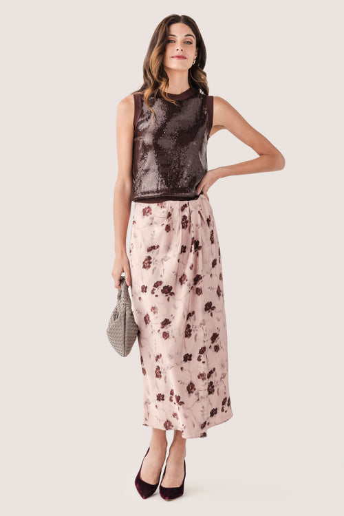 Seraphine Row Printed Satin Front Pleated Skirt