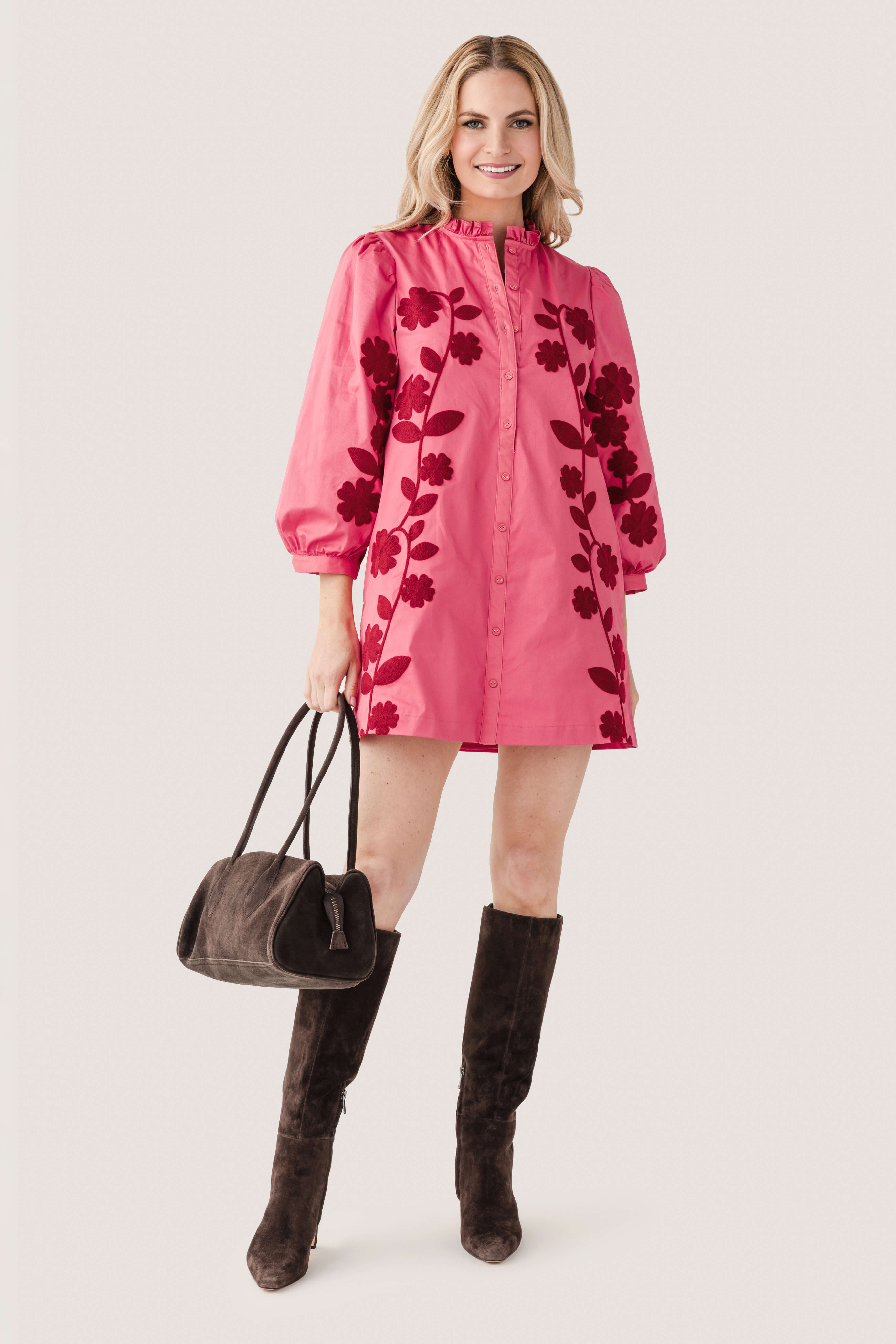 Strut & Bolt 3/4 Sleeve Flower Embroidery Mini Dress