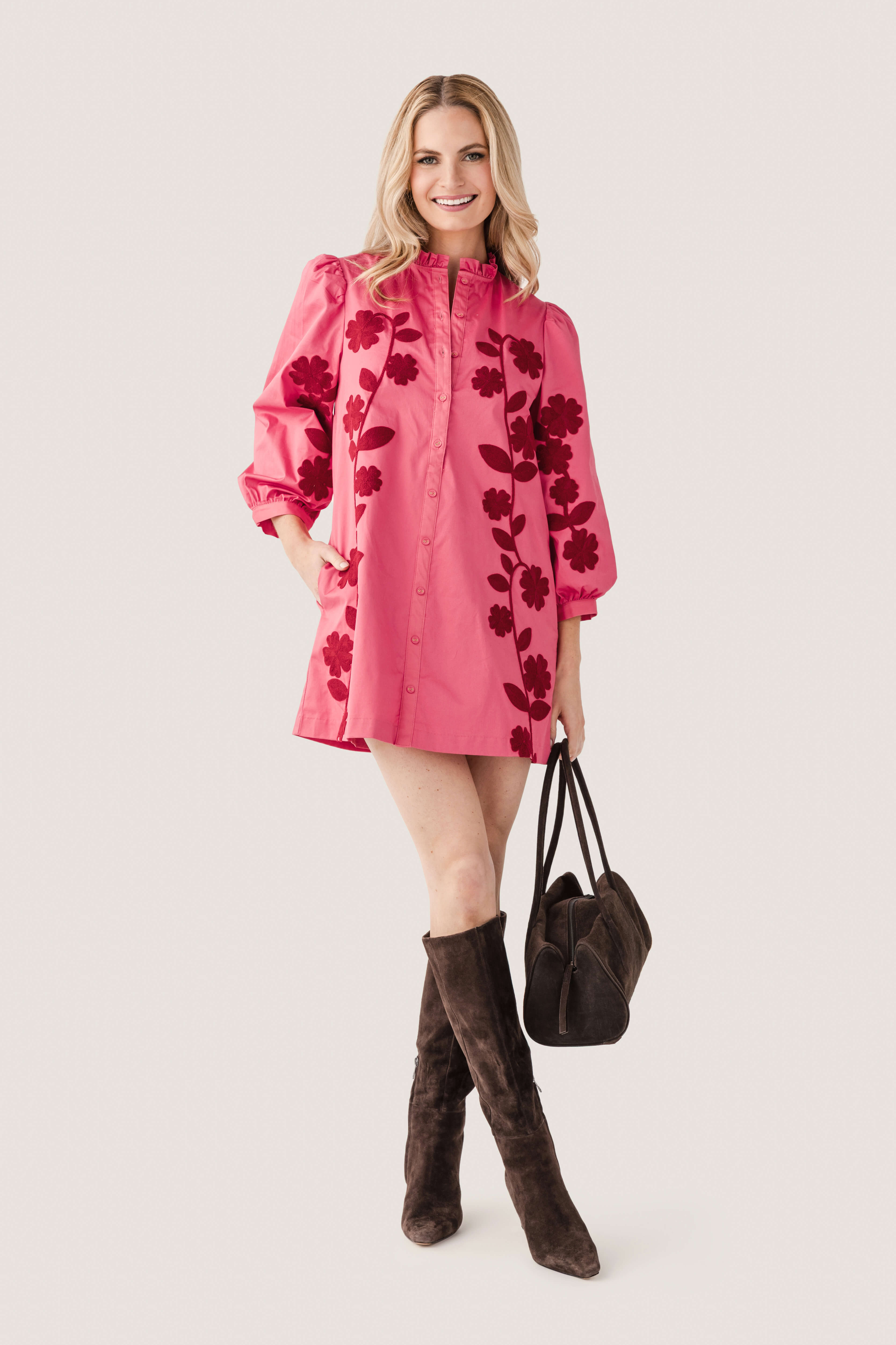 Strut & Bolt 3/4 Sleeve Flower Embroidery Mini Dress