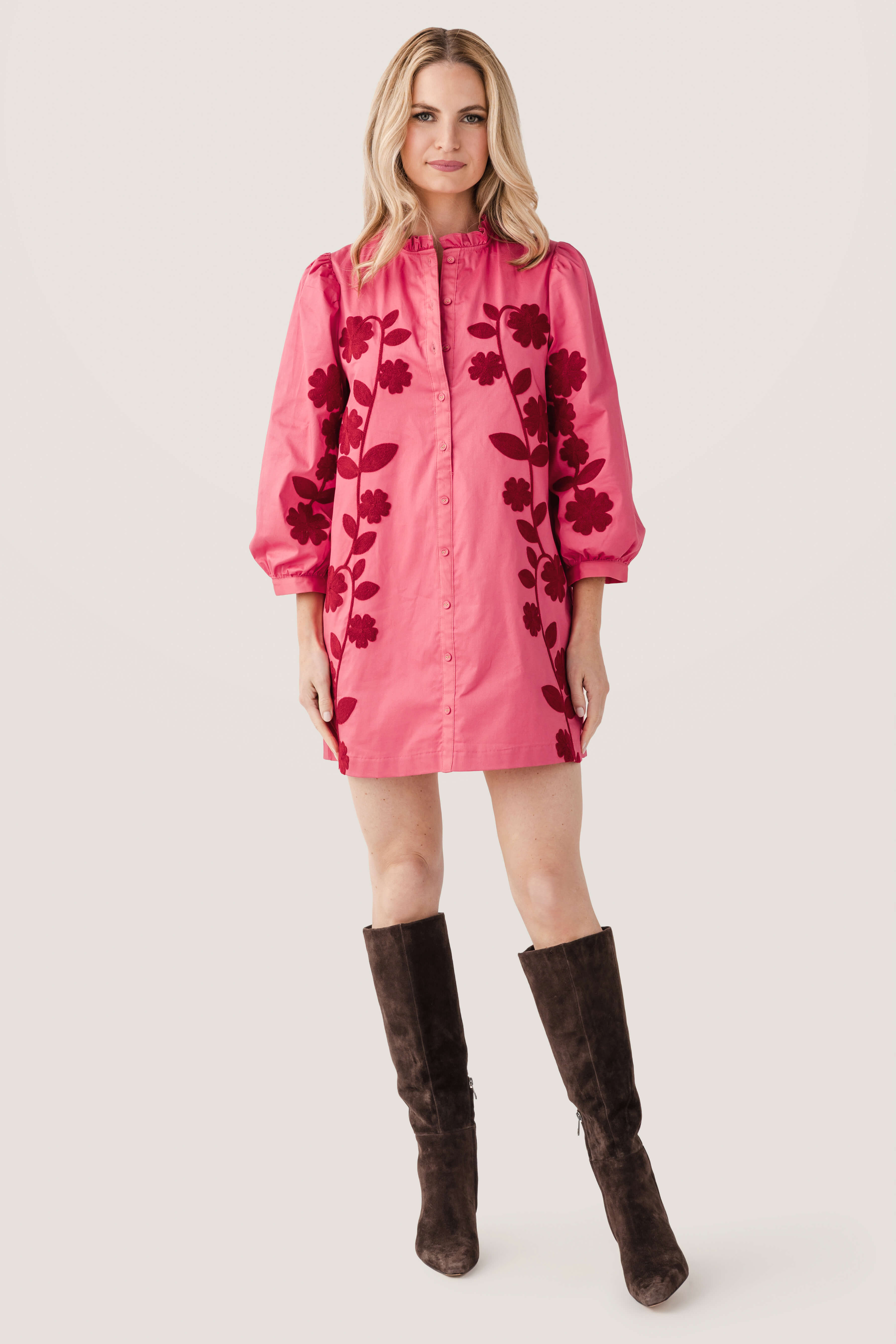 Strut & Bolt 3/4 Sleeve Flower Embroidery Mini Dress