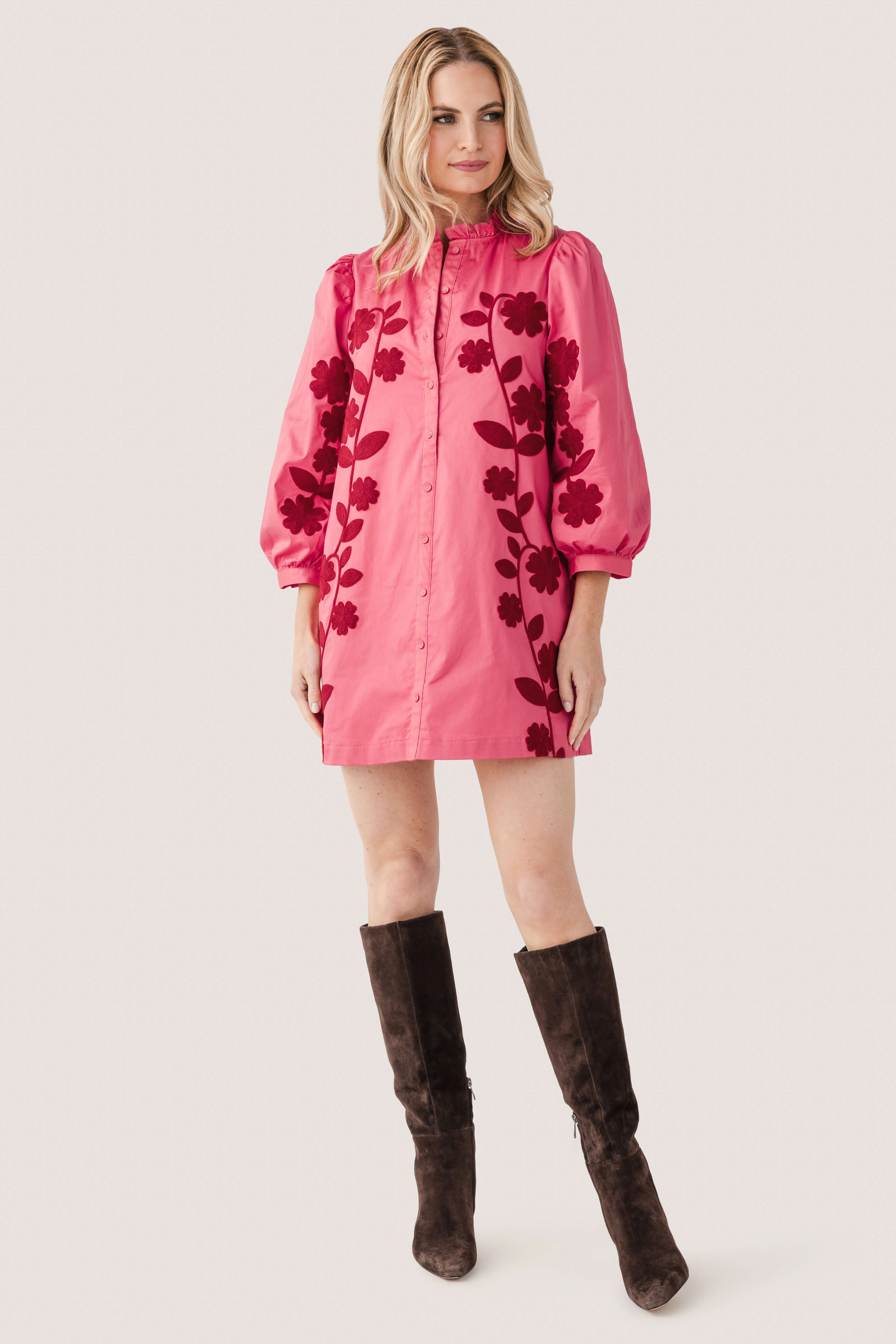 Strut & Bolt 3/4 Sleeve Flower Embroidery Mini Dress