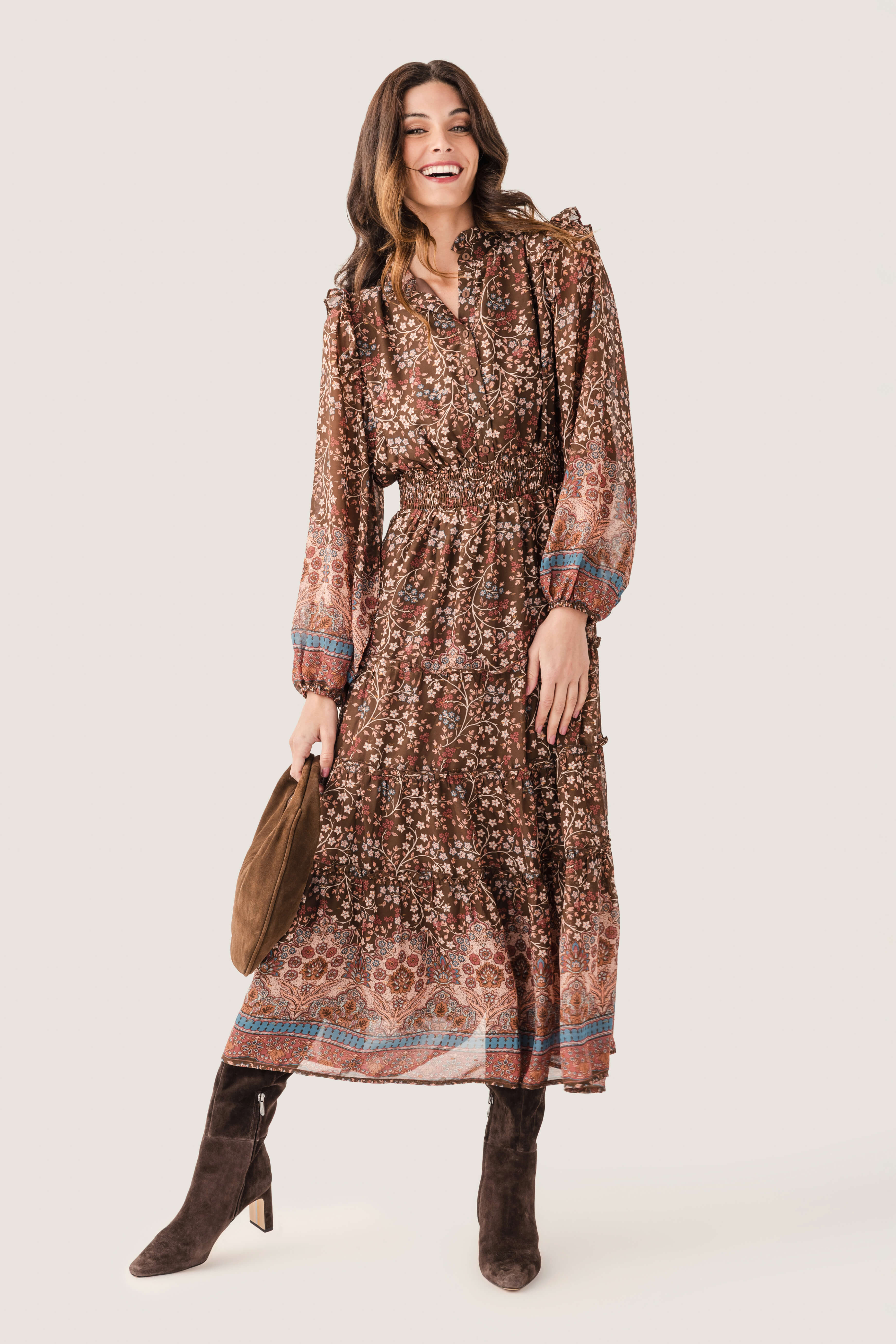 Fate Border Print Lurex Detail Tiered Maxi Dress