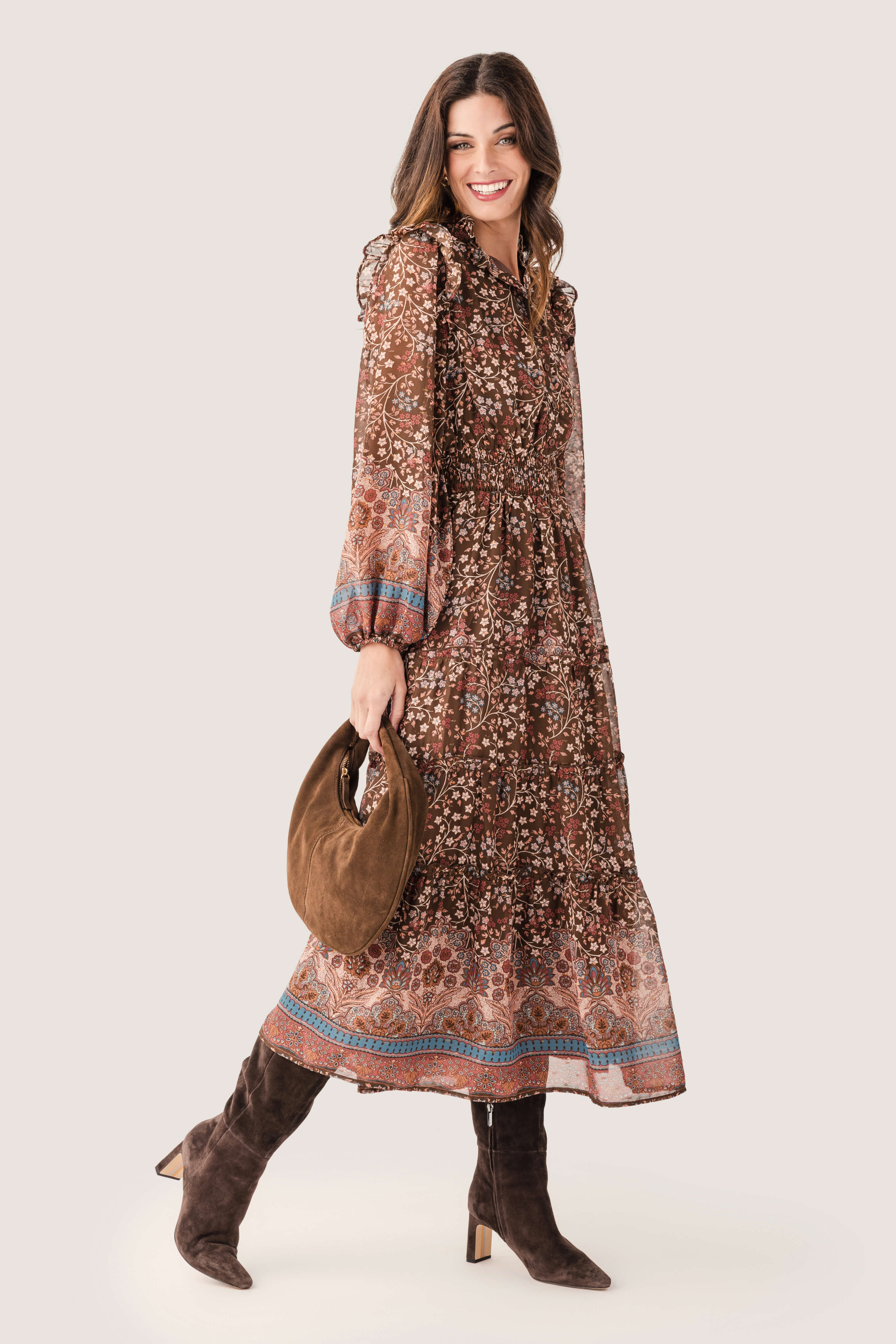 Fate Border Print Lurex Detail Tiered Maxi Dress