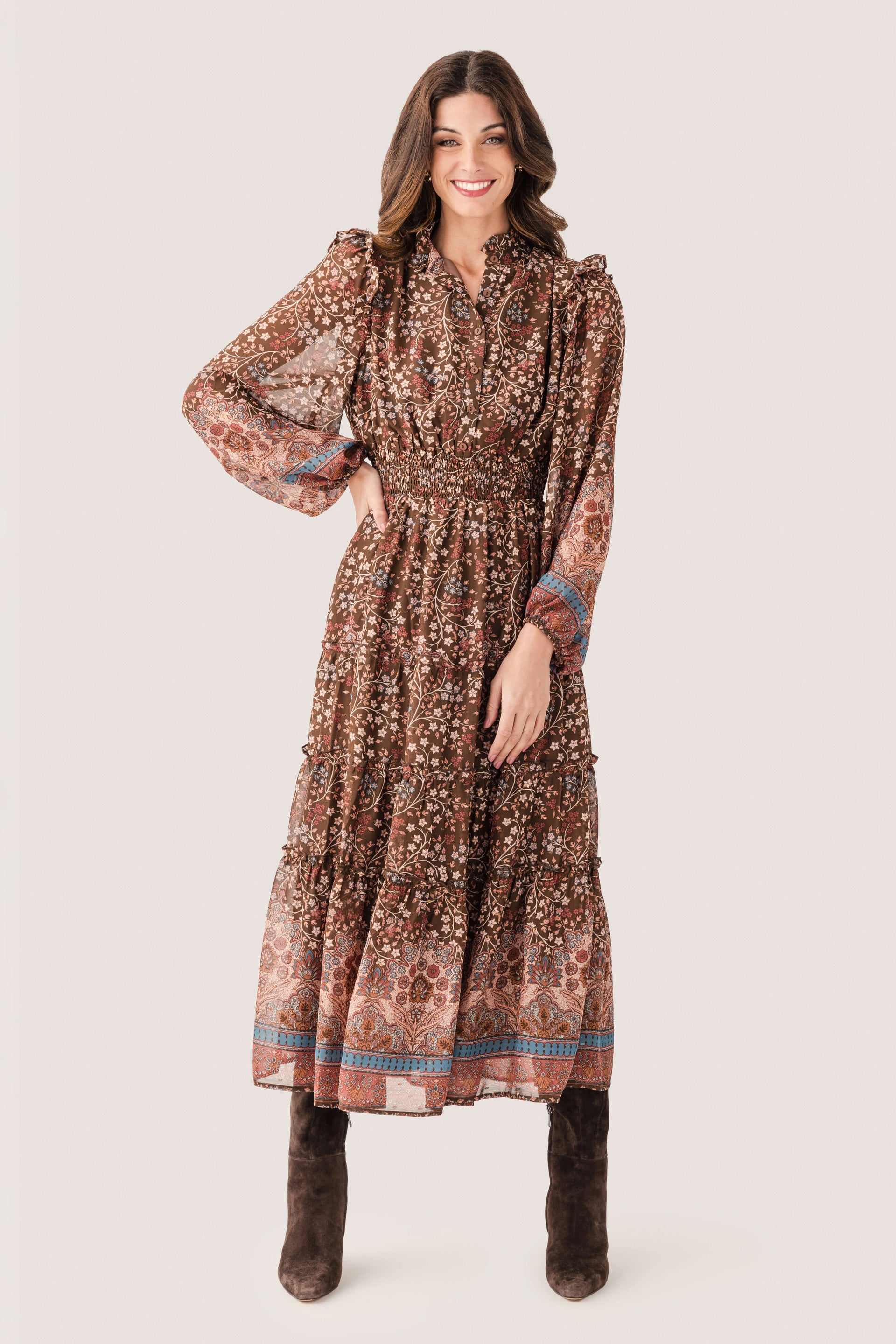 Fate Border Print Lurex Detail Tiered Maxi Dress - Brown Multi / Small Fate Border Print Lurex Detail Tiered Maxi Dress - Brown Multi / Small