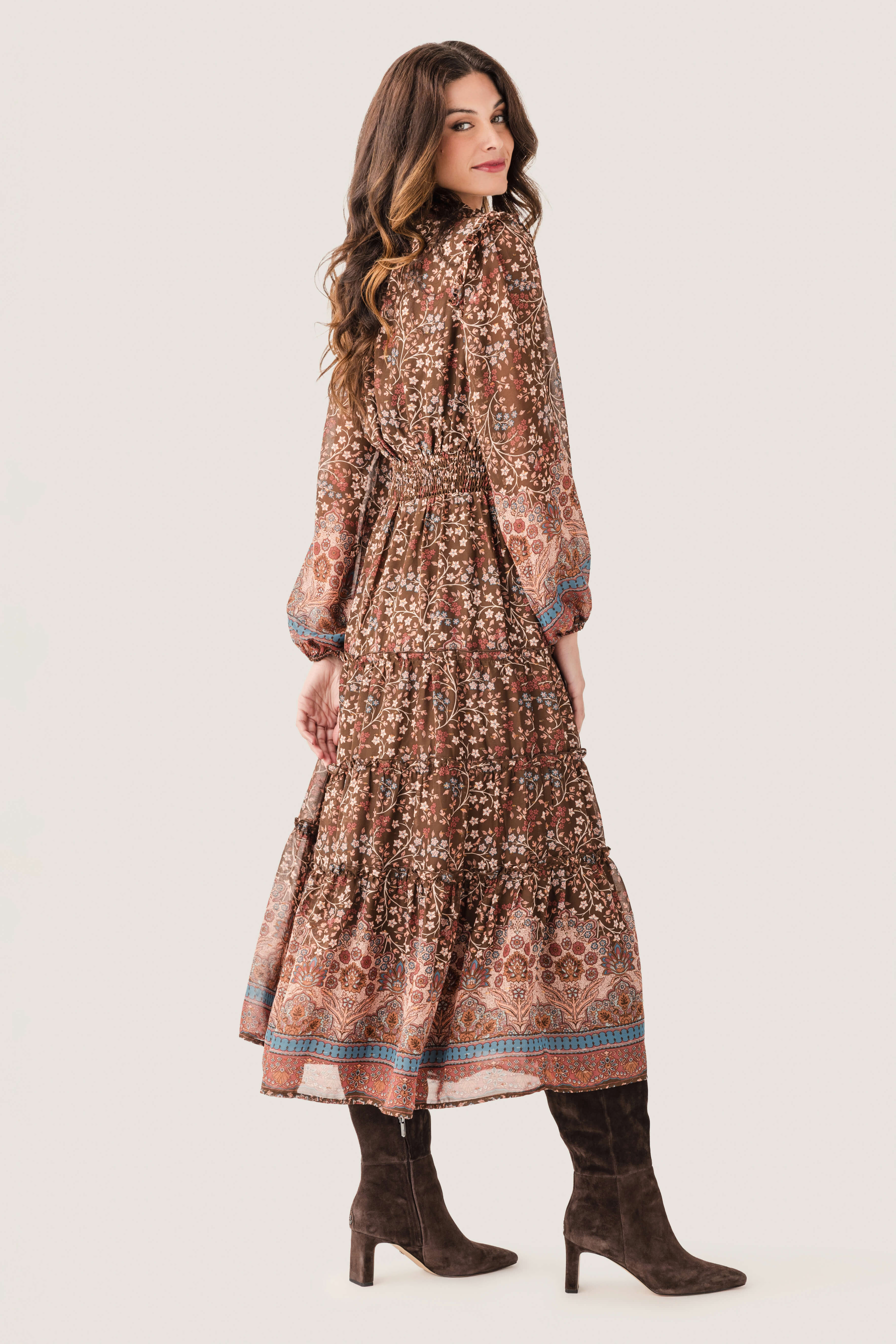 Fate Border Print Lurex Detail Tiered Maxi Dress