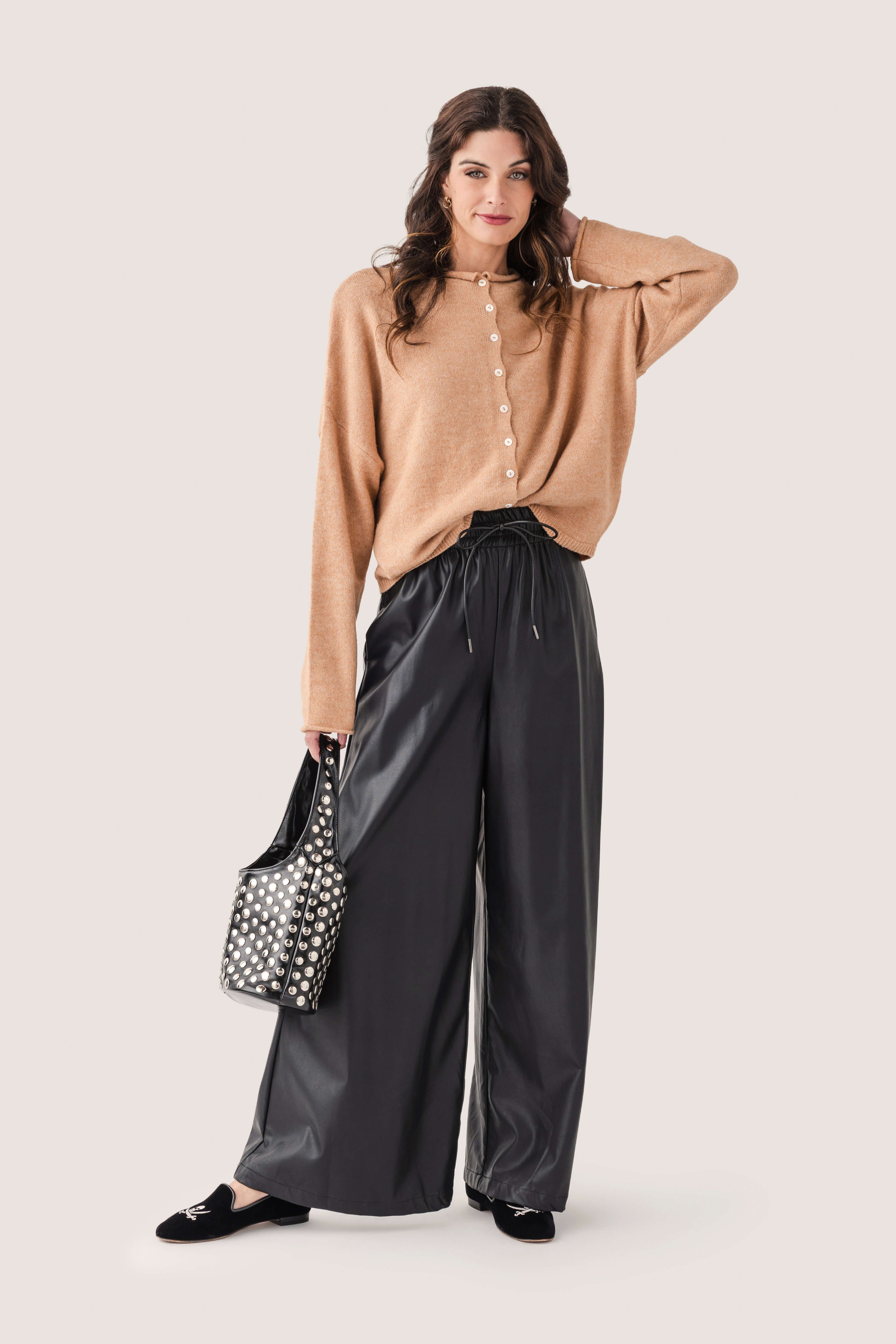 Olivaceous Faux Leather Wide Leg Pants