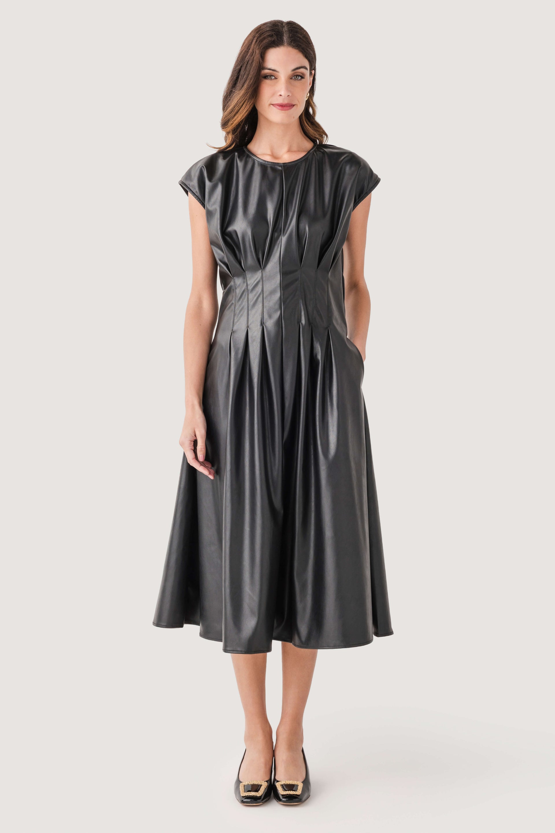 THML Faux Leather Pleated Midi Dress Black / Small
