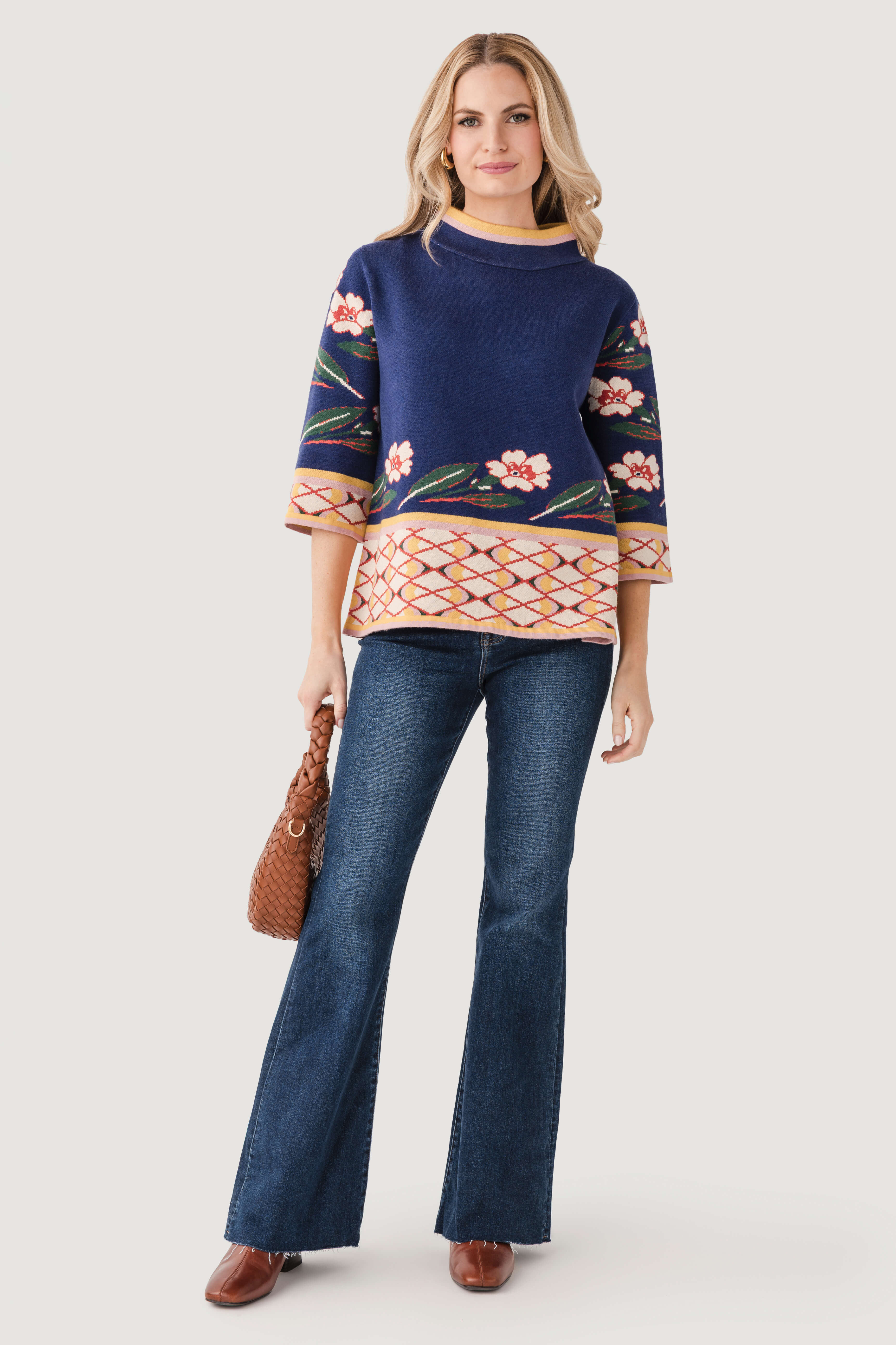 Fate Patterned Jacquard Knit Mock Neck Sweater