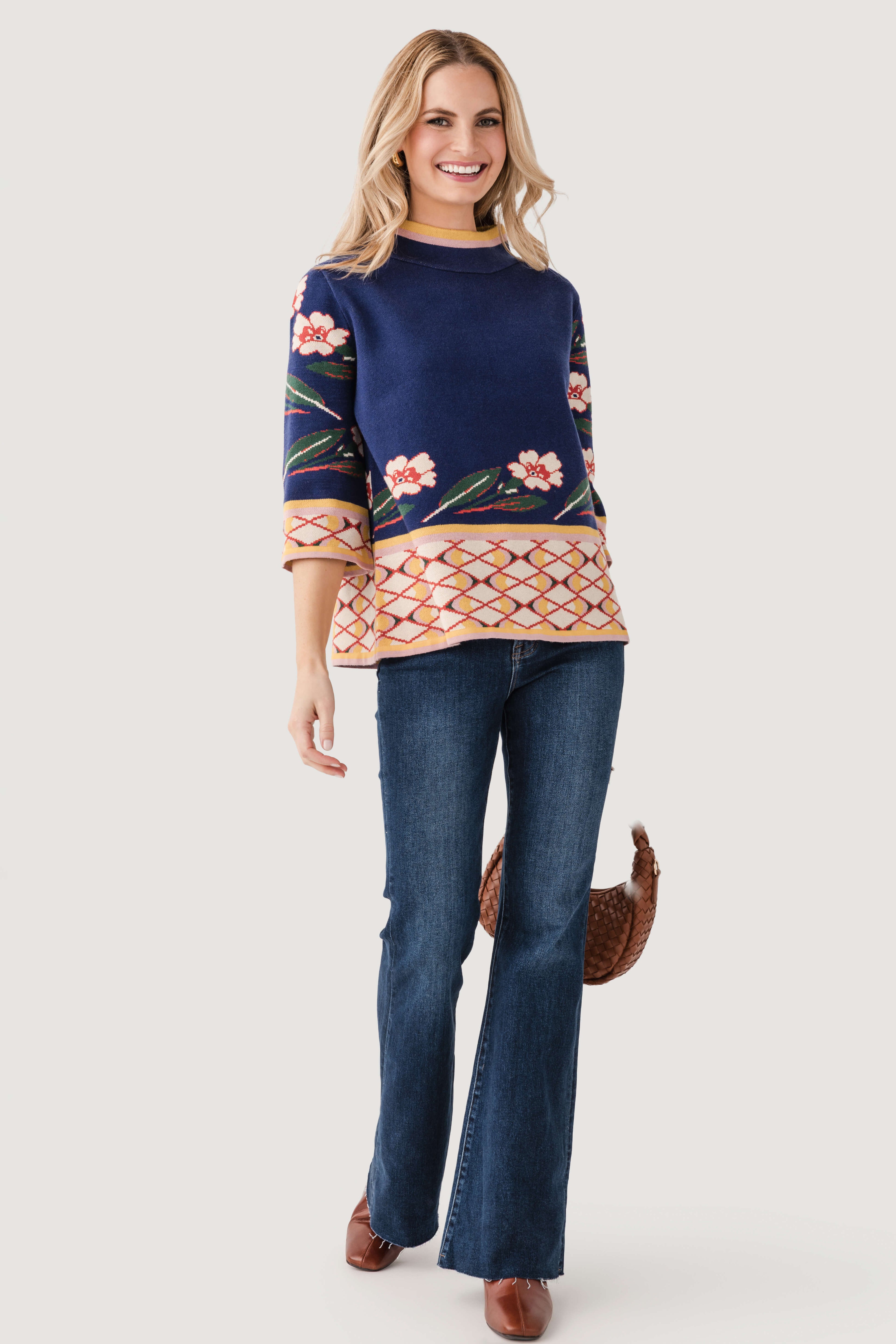 Fate Patterned Jacquard Knit Mock Neck Sweater