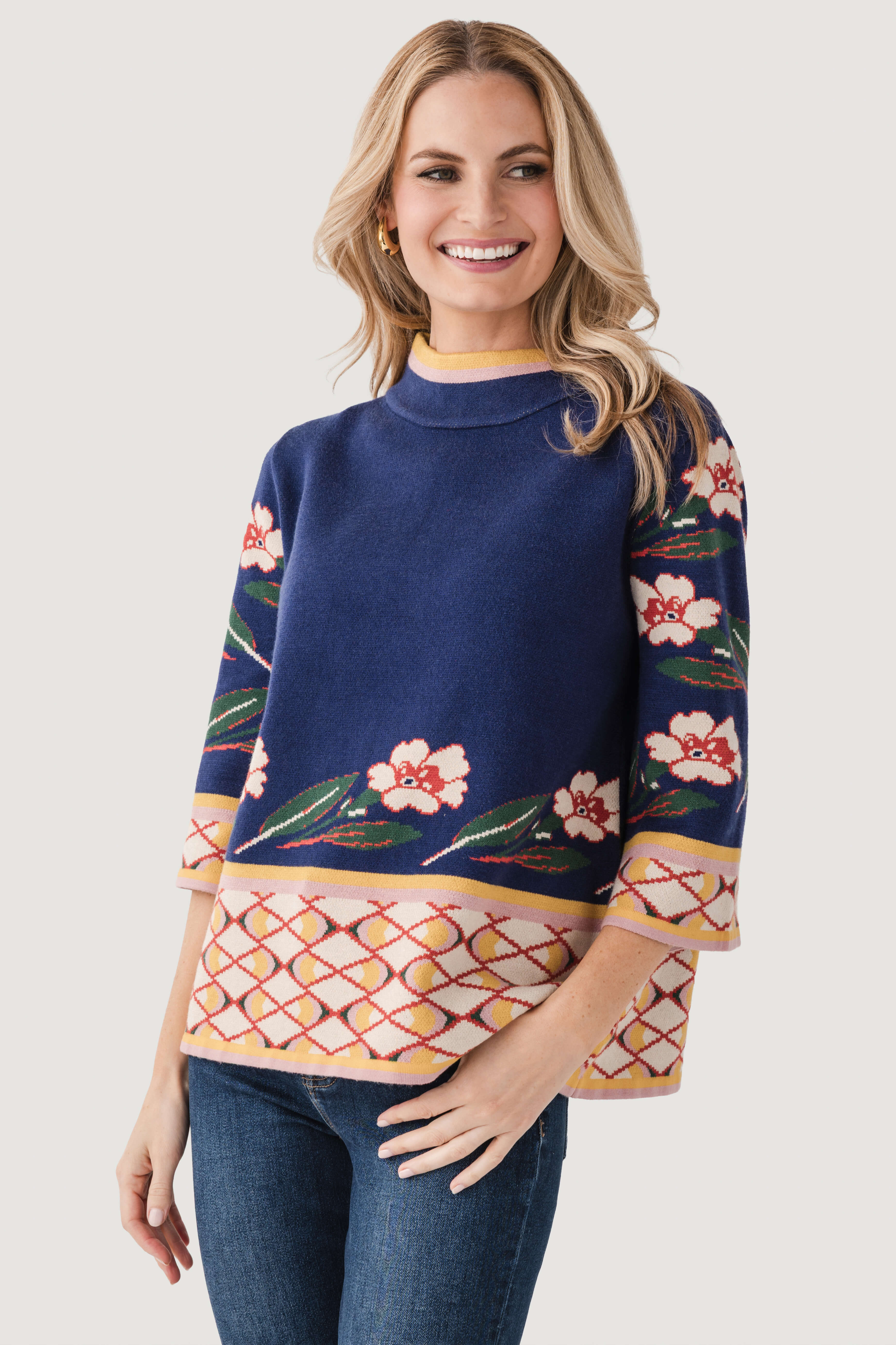 Fate Patterned Jacquard Knit Mock Neck Sweater