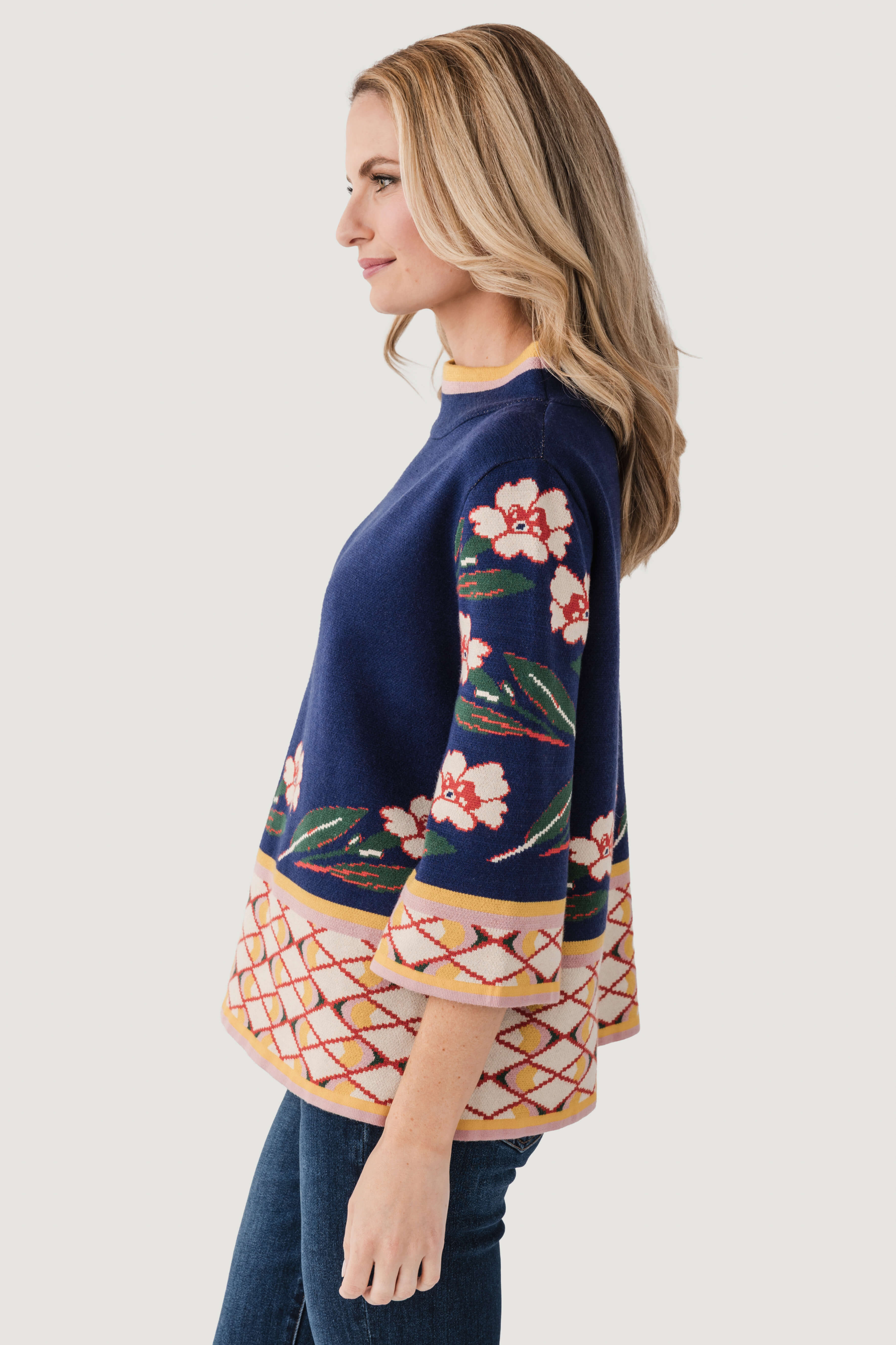 Fate Patterned Jacquard Knit Mock Neck Sweater