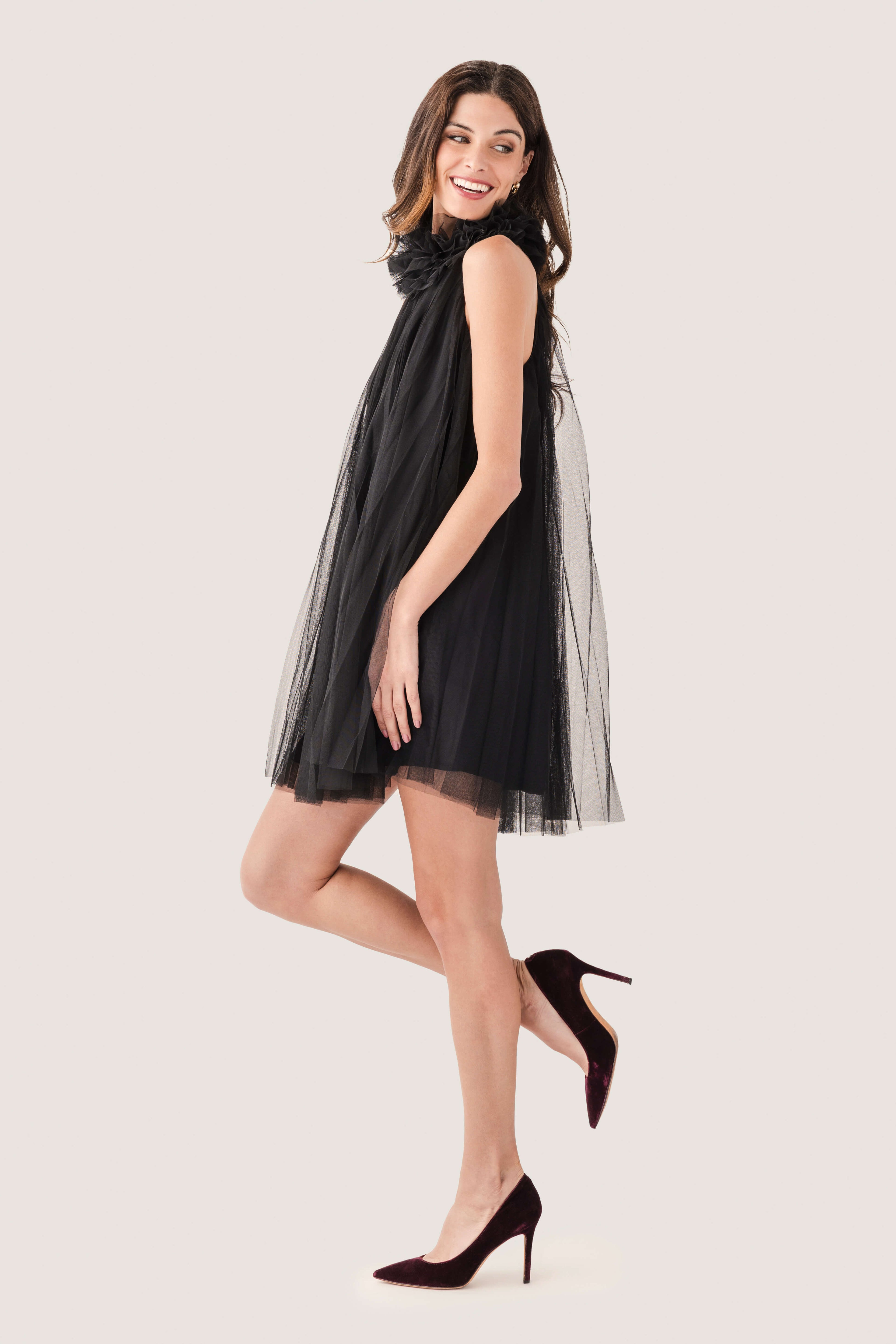 Pinch Tulle Halter Mini Dress