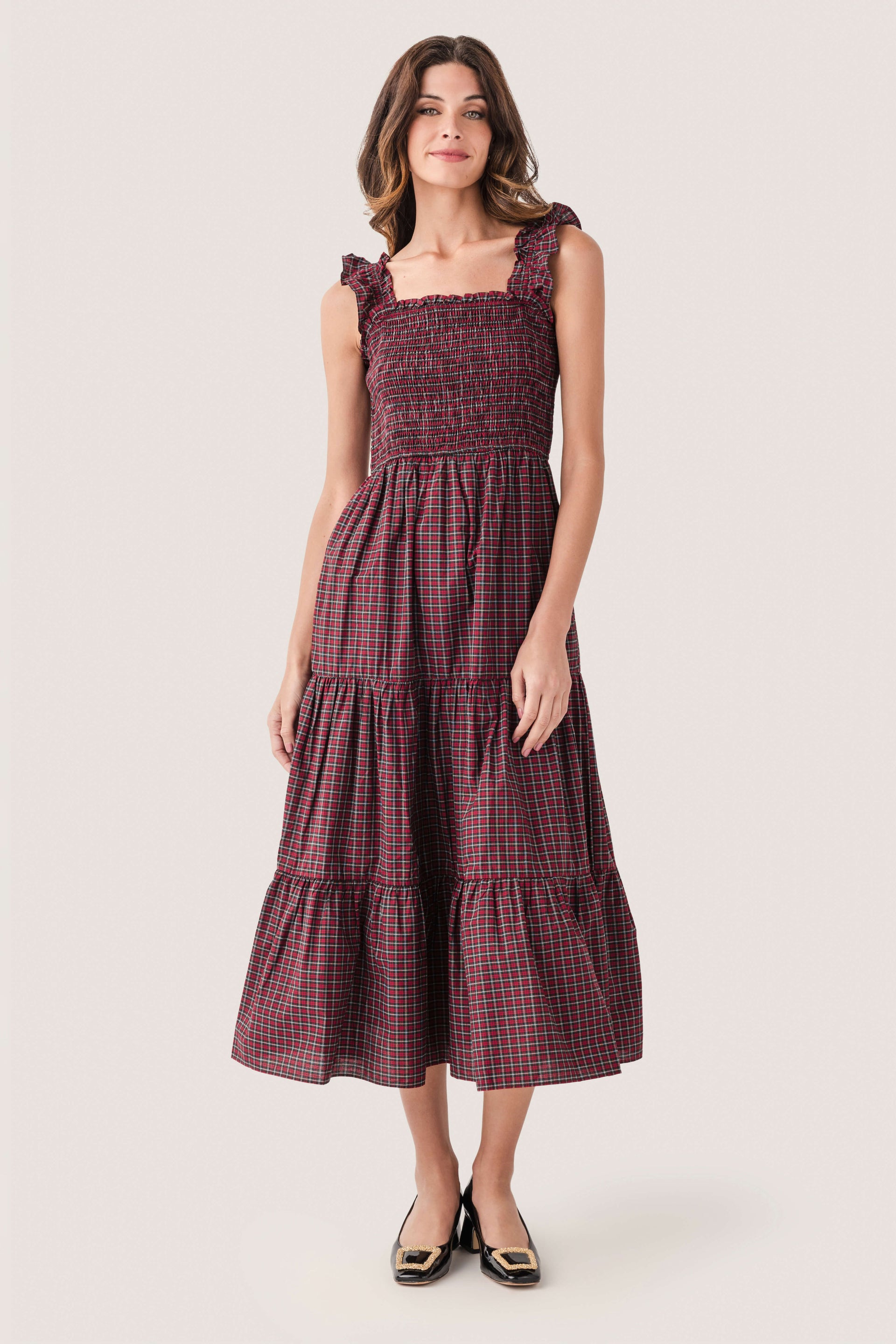 open lace back dress Boswell Tartan Plaid Yanis Button Up Midi Dress Curve RED-MULTI / 2X by Sugarlips