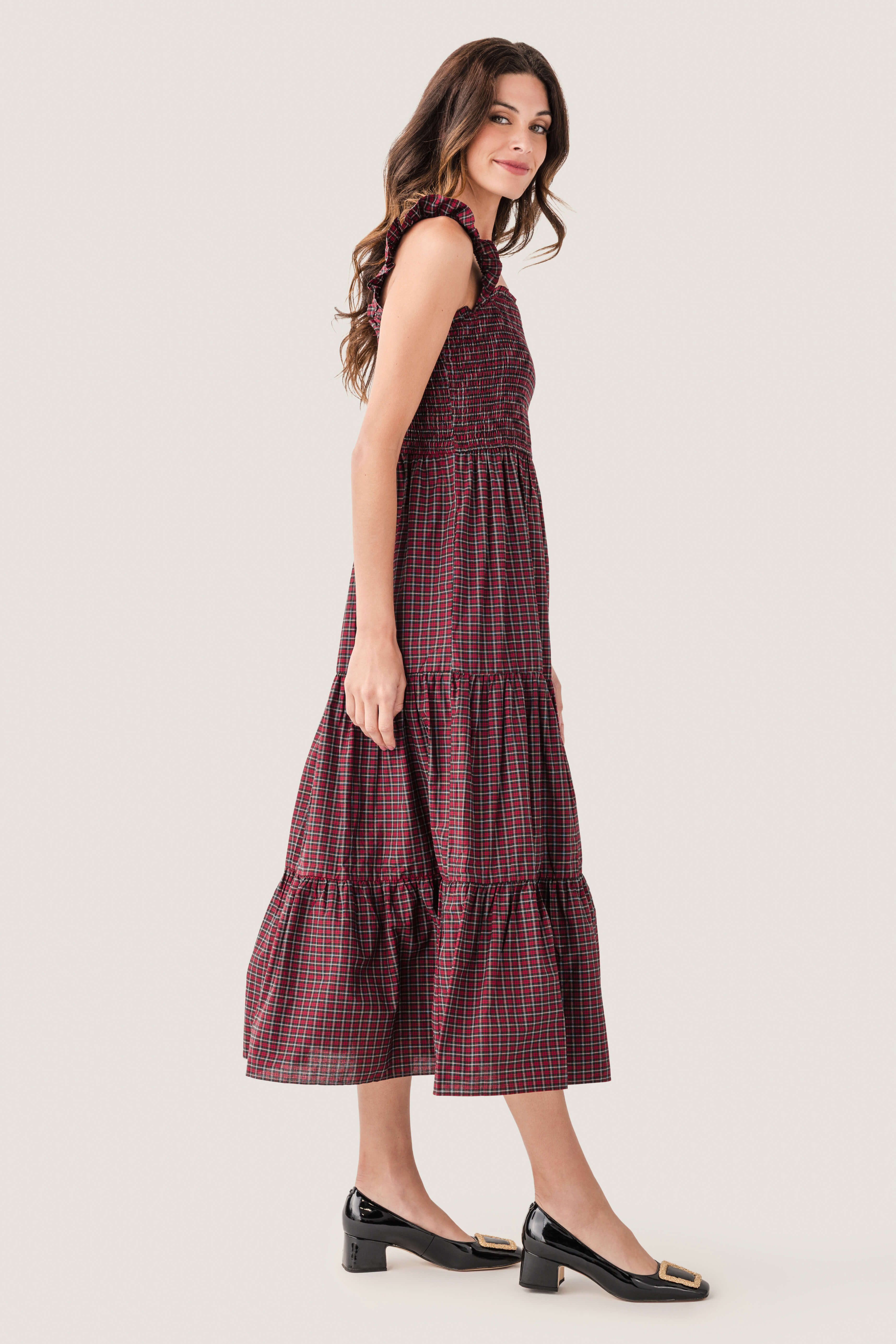 Wishlist Tartan Smocked Midi Dress Red/Green / Medium Wishlist Tartan Smocked Midi Dress Red/Green / Medium