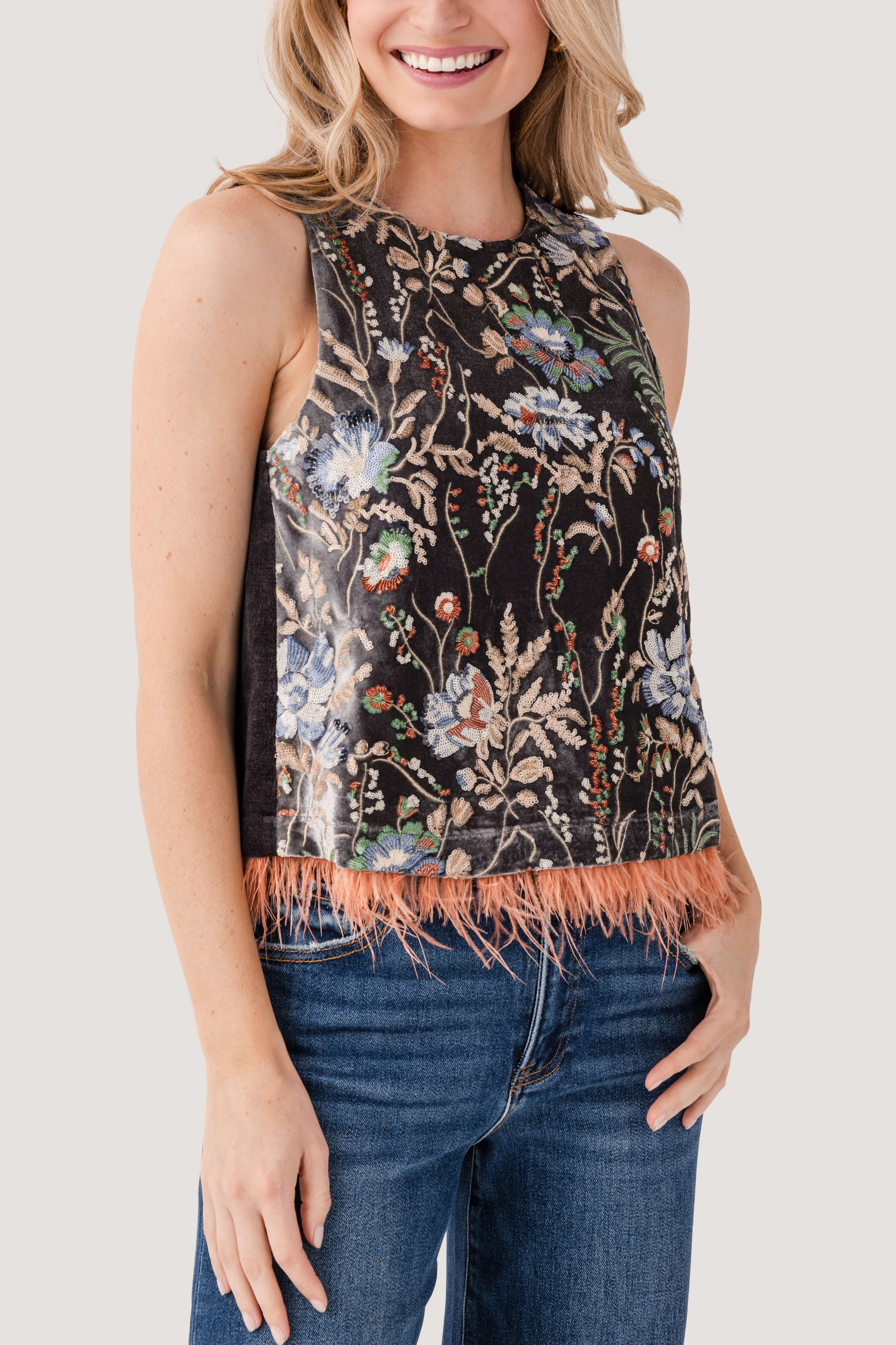 THML Embroidered Feather Trim Top