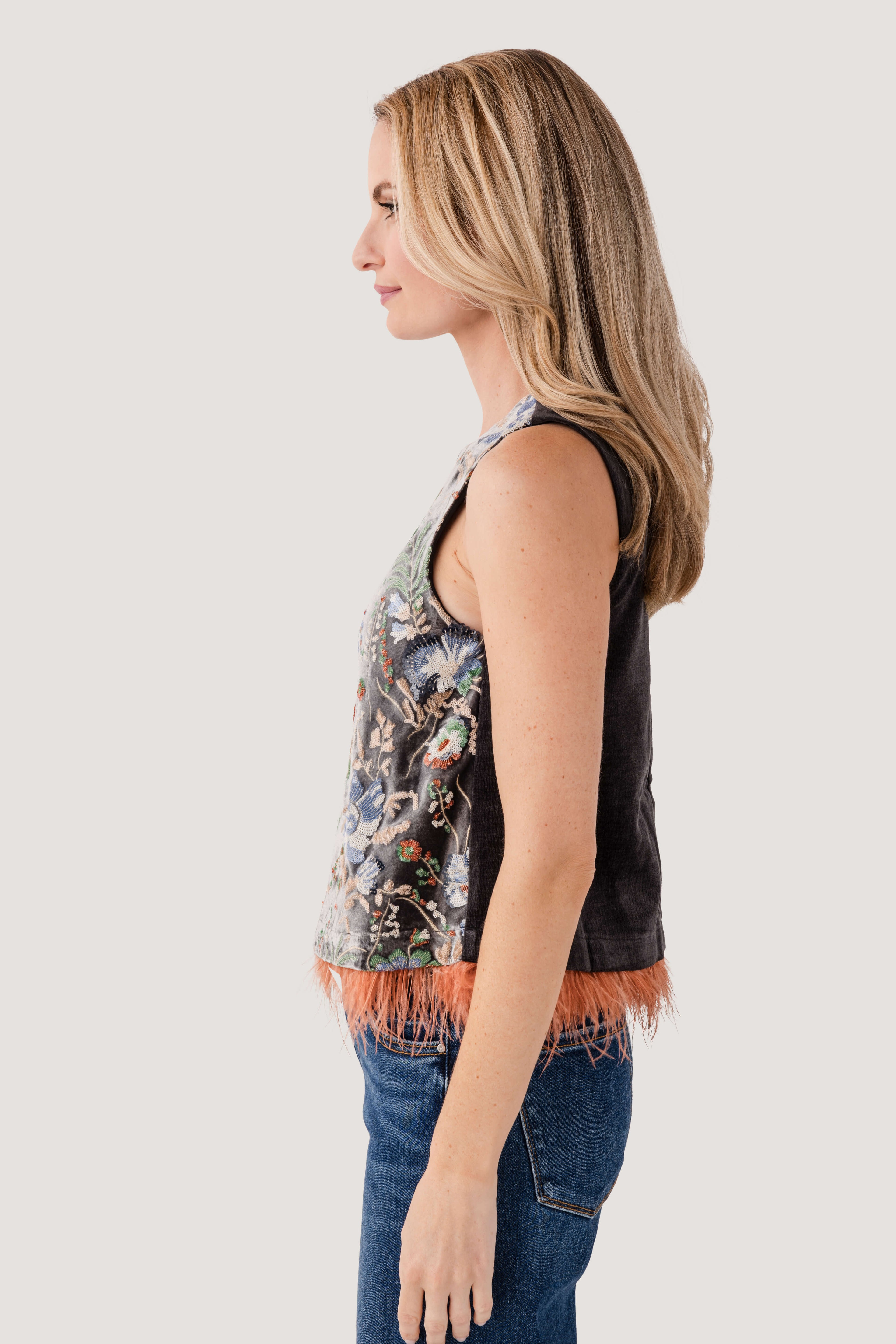 THML Embroidered Feather Trim Top