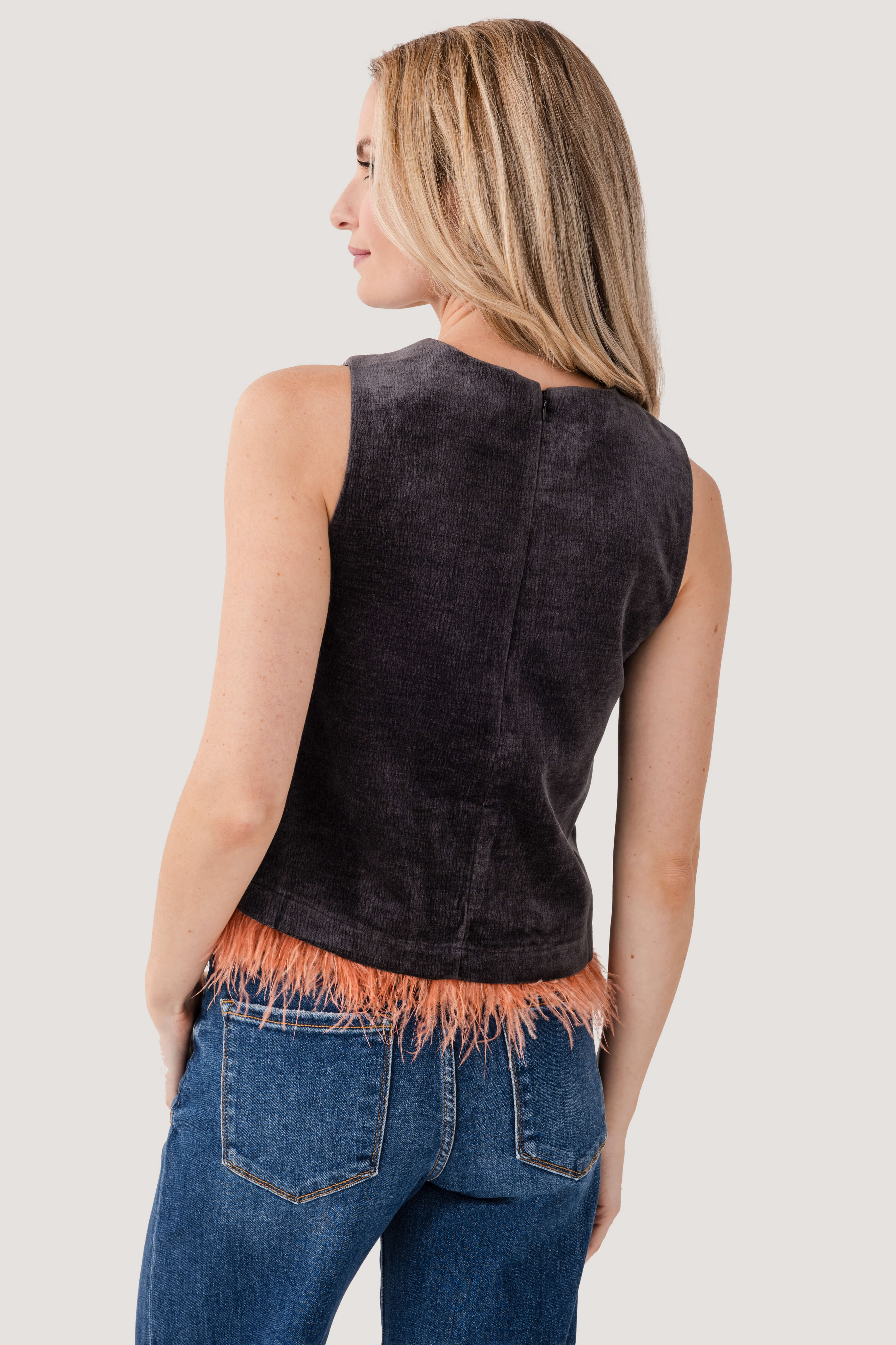 THML Embroidered Feather Trim Top