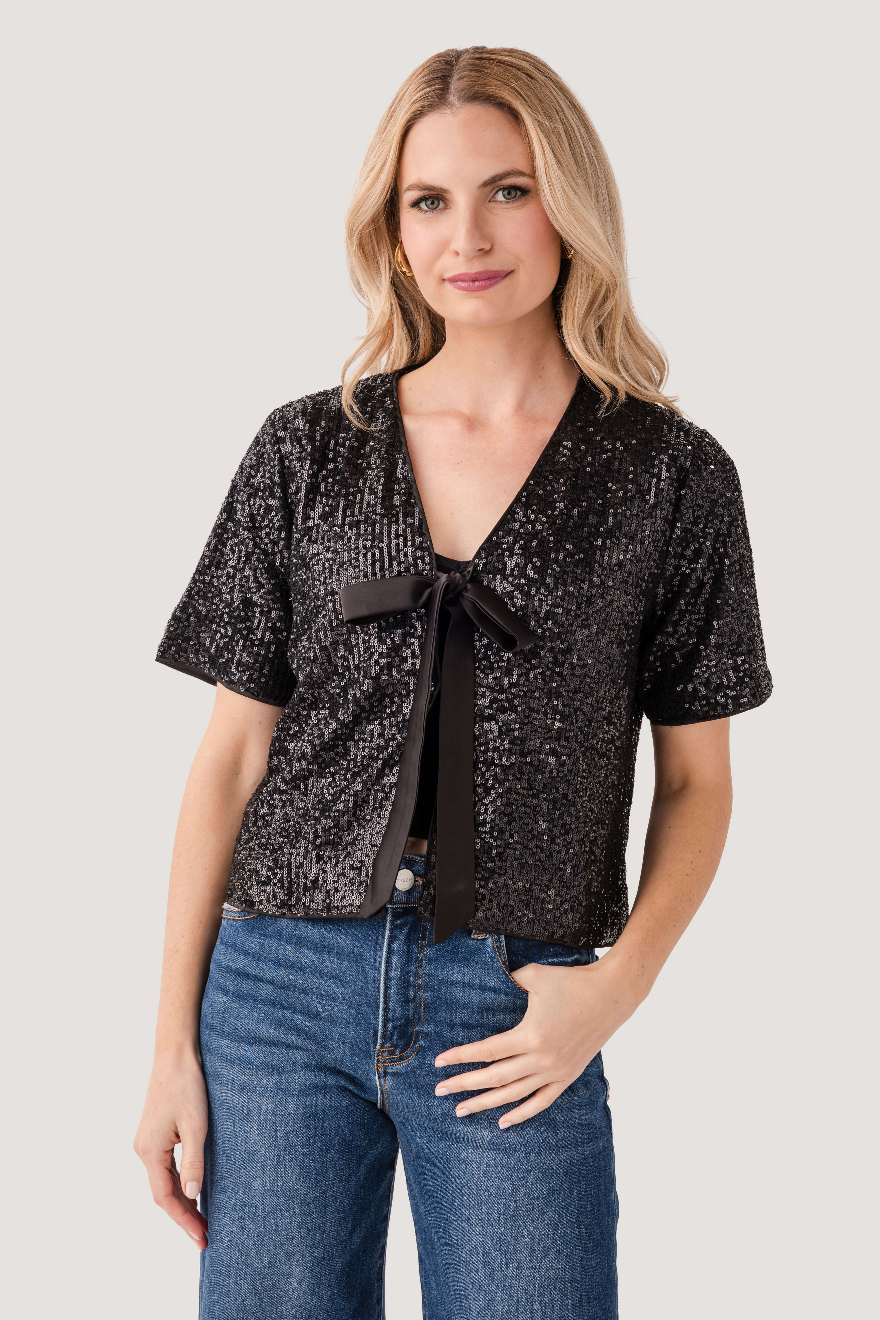 Wishlist Sequin Short Sleeve Bow Top