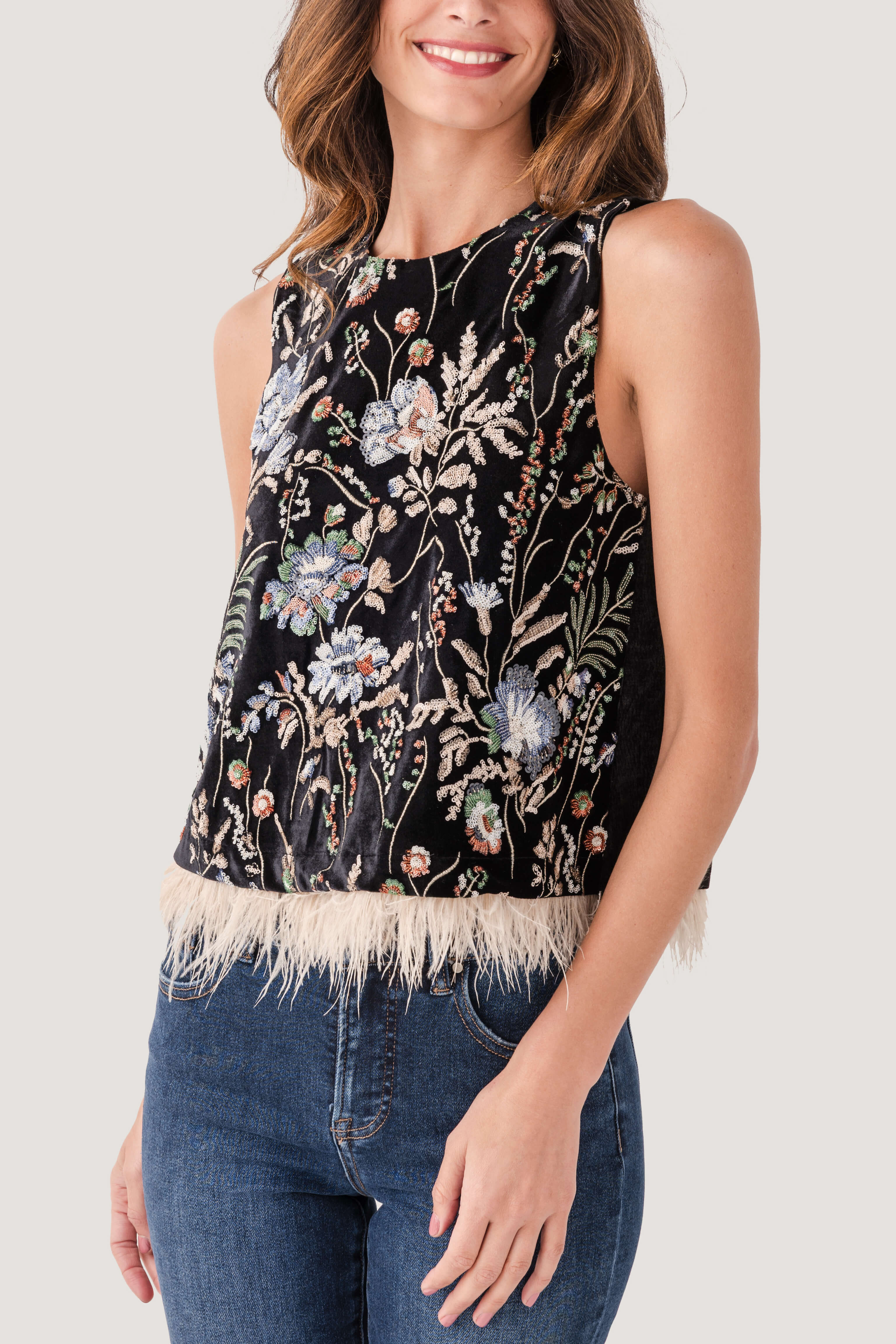 THML Embroidered Feather Trim Top