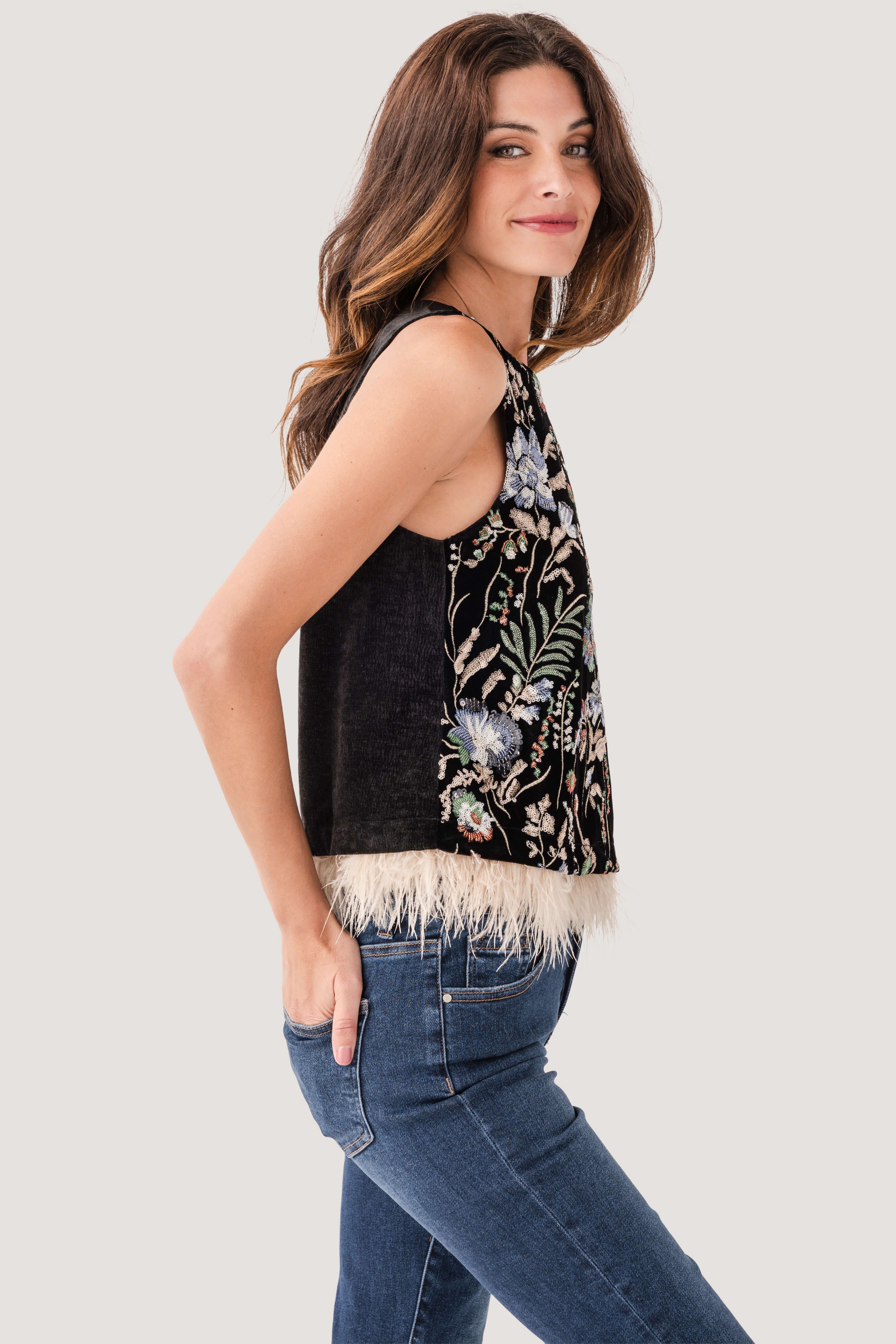 THML Embroidered Feather Trim Top