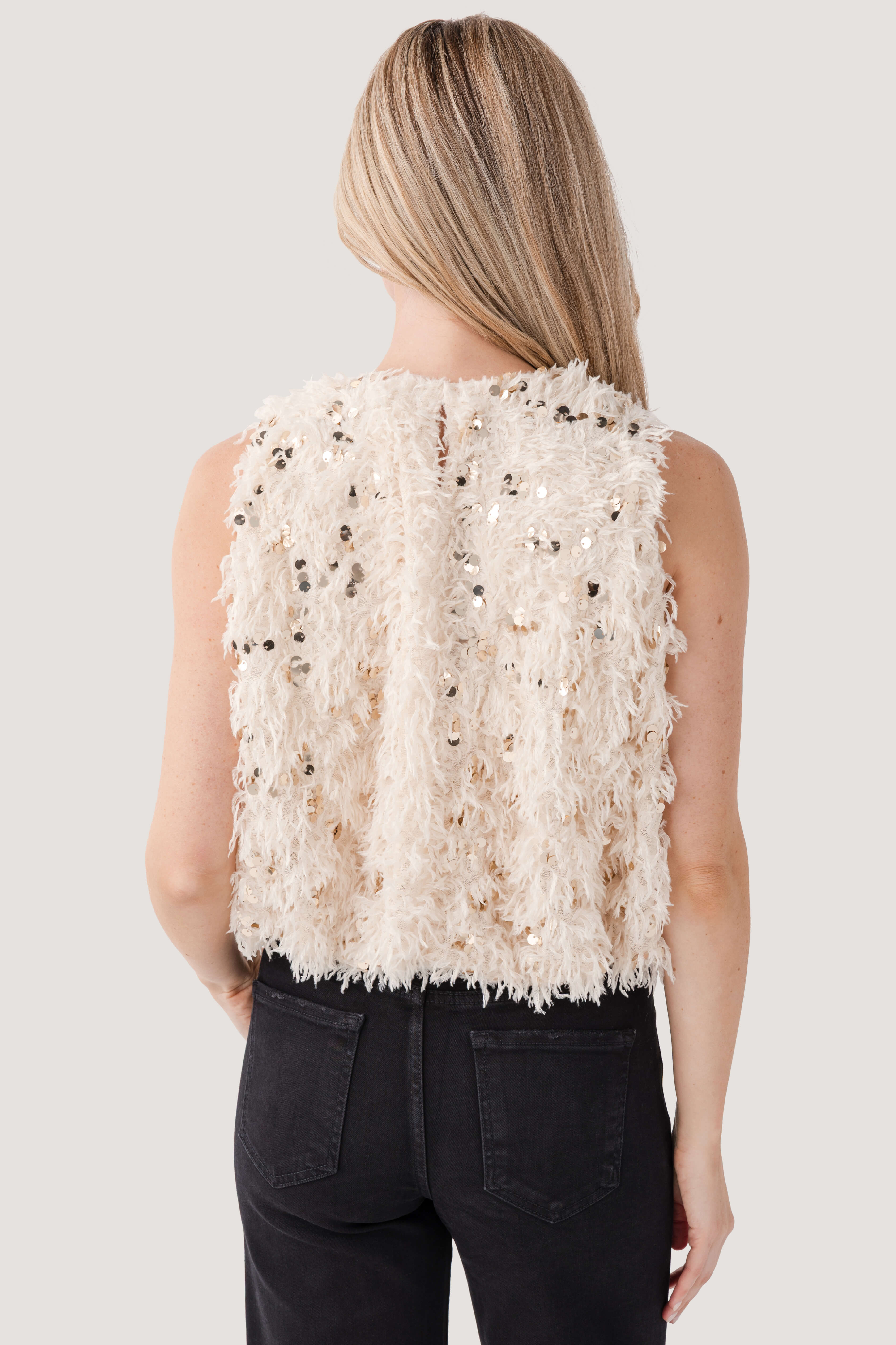 Fate Sequin Mixed Faux Fur Sleeveless Top