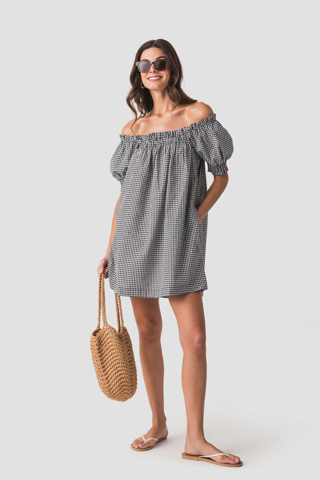 Olivaceous Gingham Puff Sleeve Mini Dress