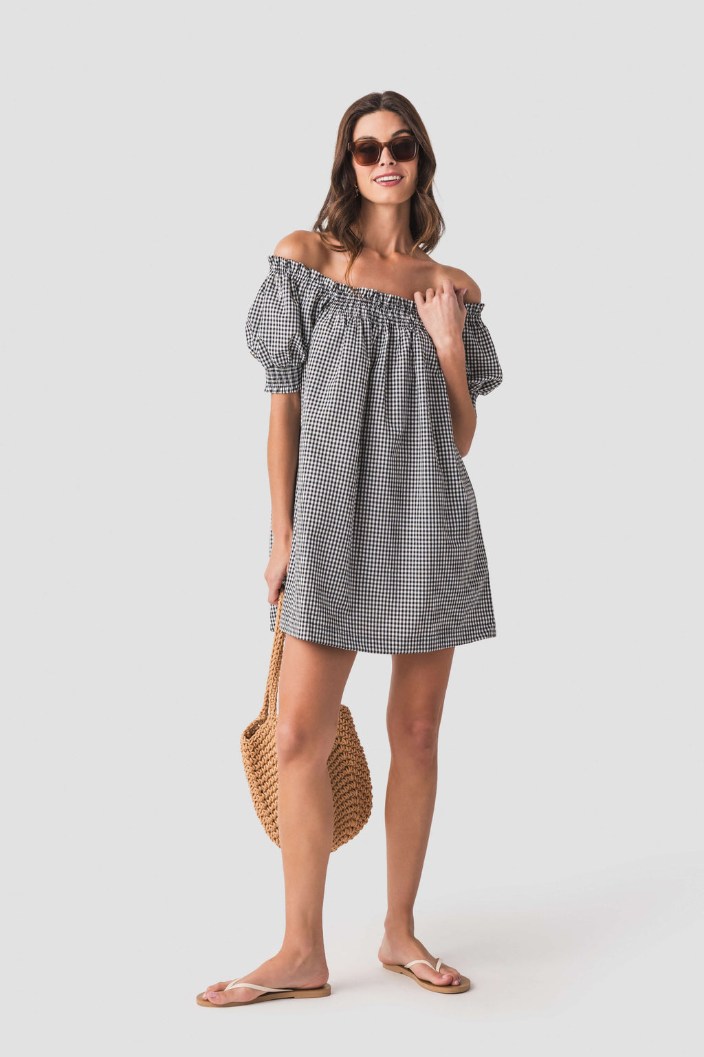 Olivaceous Gingham Puff Sleeve Mini Dress